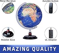 Vista 3 de Globo mundial de relieve elevado de 12 pulgadas con luz LED, globo de escritorio con base de madera y meridiano de metal, herramienta de geografía