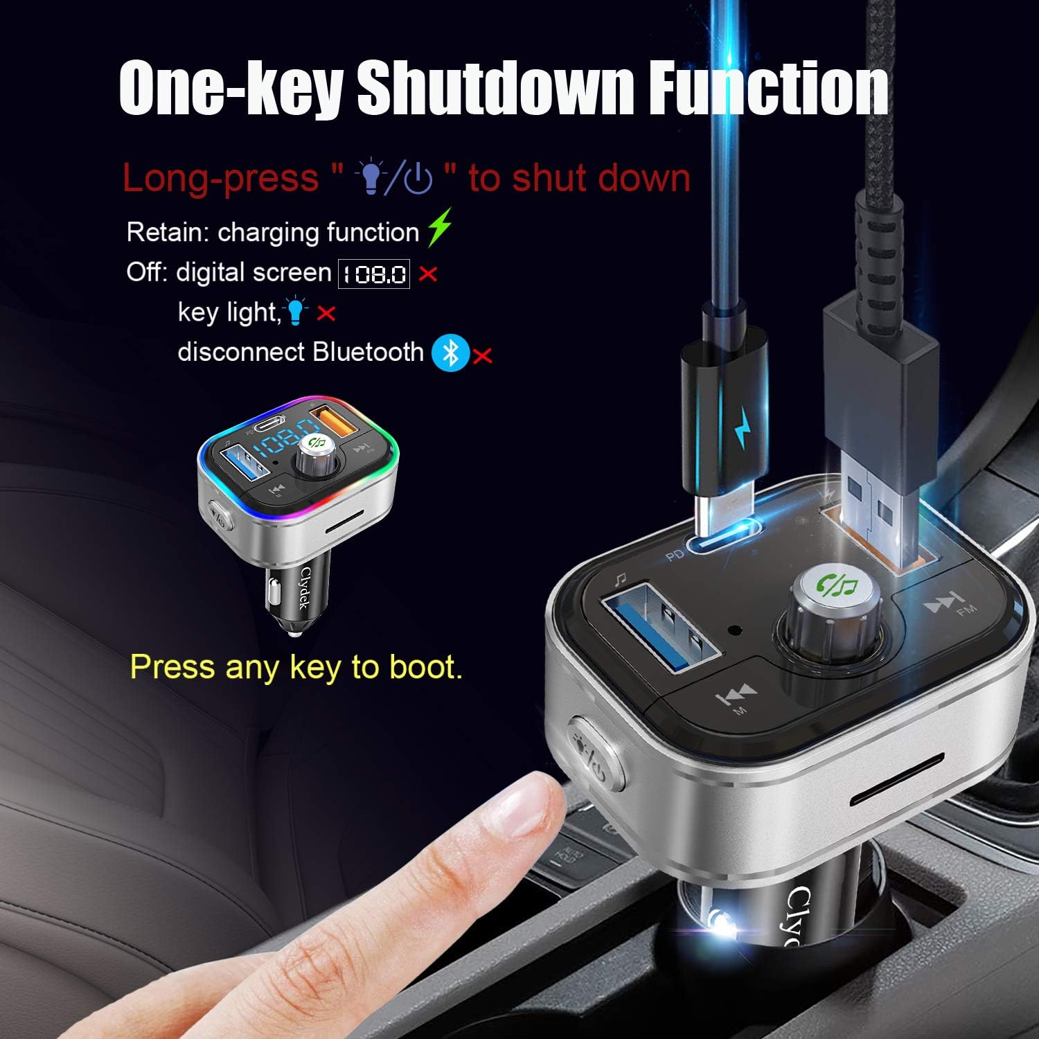 Bluetooth FM Transmitter for Car, Clydek Wireless Bluetooth FM Car Adapter with Type-C PD 3.0 18W, Remote Control, LED Backlit, Hands-Free Calling, MP3 Player Car Charger Support U Disk & TF Card
