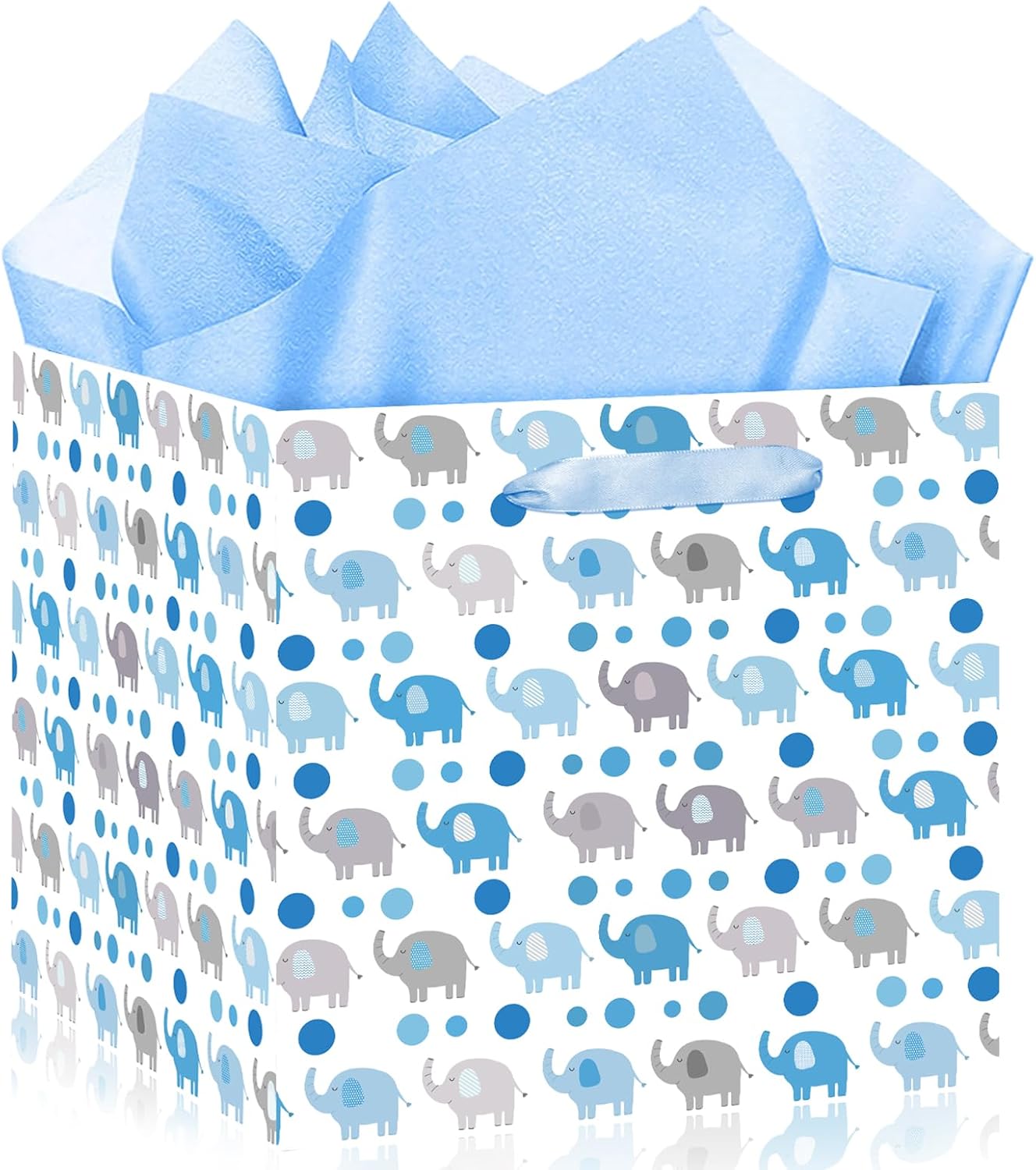 Woosytoo Extra Large Baby Boy Gift Bags - Blue Elephant Square Gift Bag with Wrapping Paper Jumbo Baby Shower Wrapping Paper Bag for Newborn Congratulations Gifts It's a Boy Party Favors Decor
