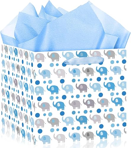 Woosytoo Extra Large Baby Boy Gift Bags - Blue Elephant Square Gift Bag with Wrapping Paper Jumbo Baby Shower Wrapping Paper Bag for Newborn Congratulations Gifts It's a Boy Party Favors Decor