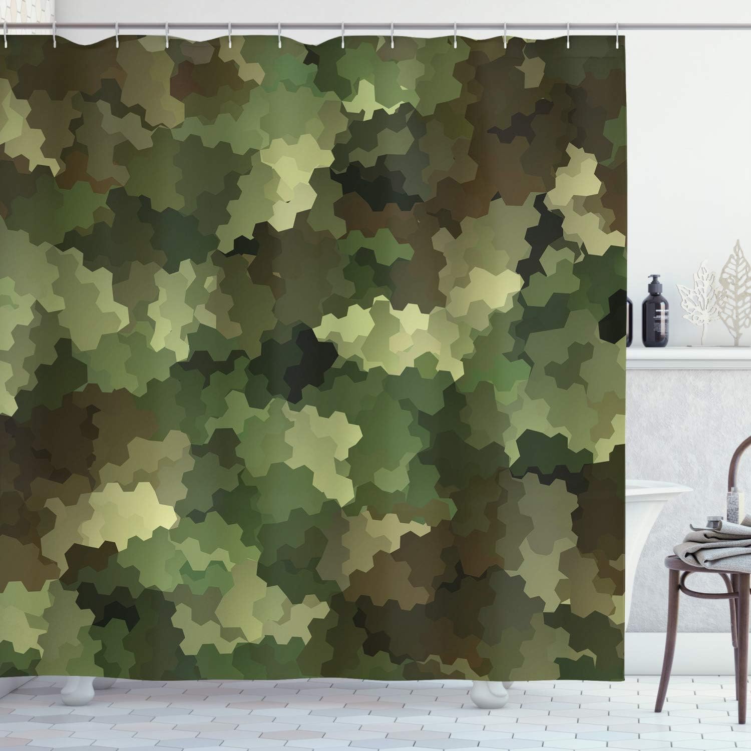Ambesonne Camo Shower Curtain, Frosted Glass Effect Hexagonal Abstract Being Invisible Woodland Print, Cloth Fabric Bathroom Decor Set with Hooks, 69" W x 70" L, Pale Green Brown Green