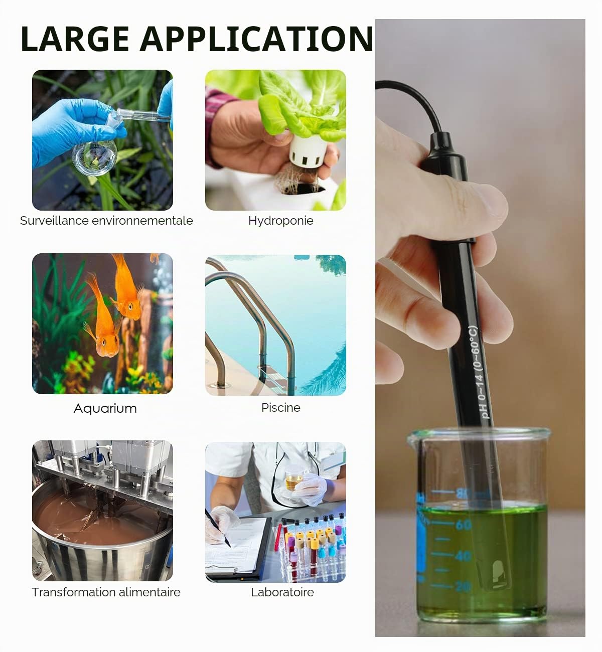 GAIN EXPRESS - Câble de 300 cm - Électrode pH avec poudre d'étalonnage - Sonde pH remplaçable 0-14 avec connecteur BNC - Pour Laboratoire, Hydroponie, Aquarium, Piscine et Transformation des Aliments