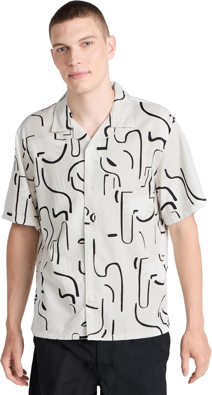 Club Monaco Men's Short Sleeve Camp Collar Artisan Print Shirt