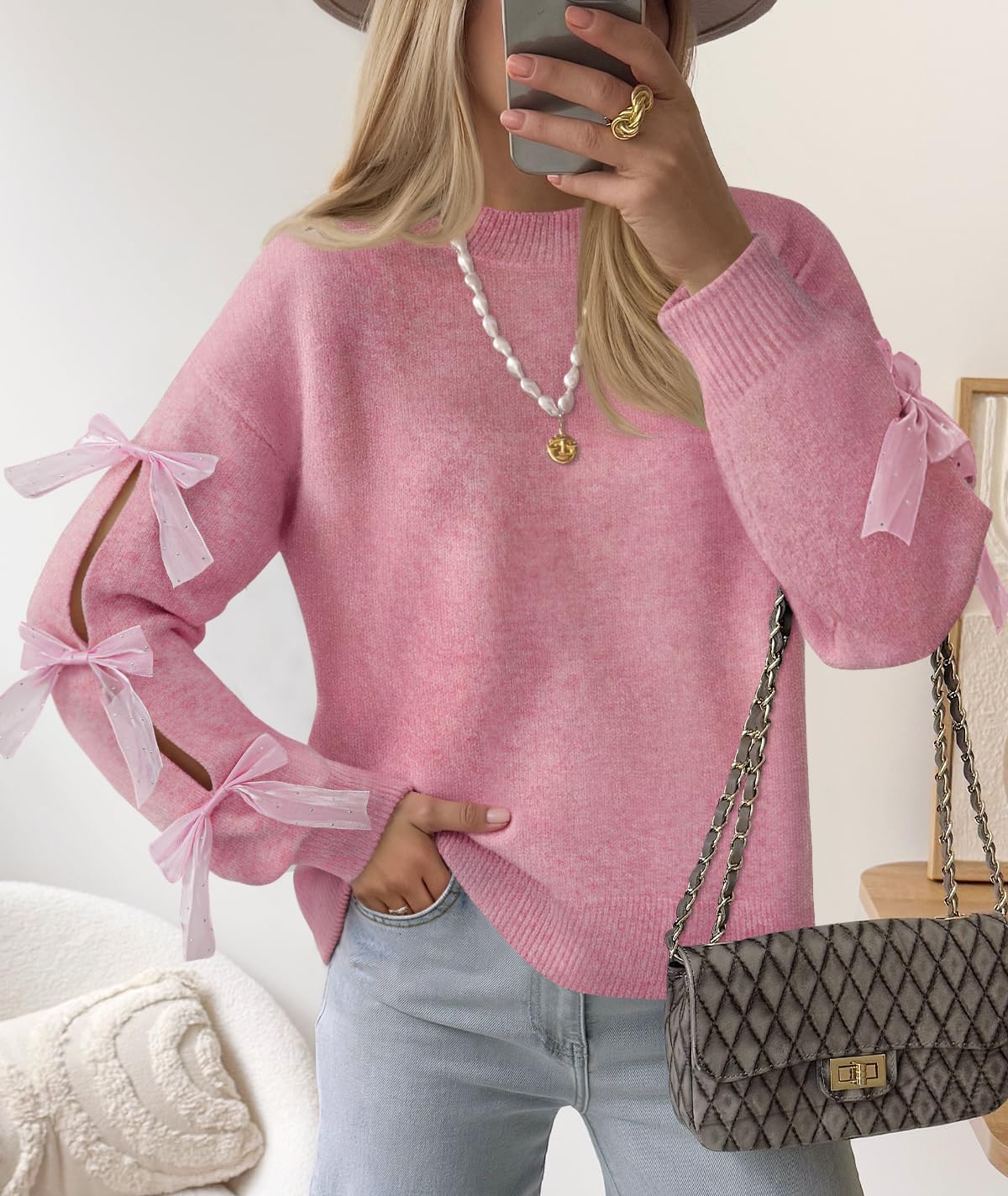 ZESICA Women's Oversized Bow Sweaters Fall 2026 Cute Crewneck Long Sleeve Knit Pullover Sweater Jumper Tops - Image 2