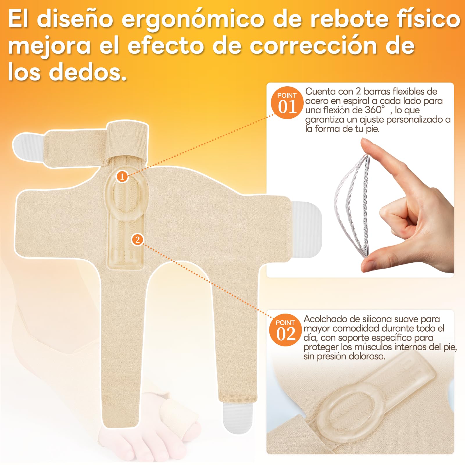 Corrector de hallux valgus InhwRior, equipado con 4 barras flexibles de acero inoxidable, 2 en cada lado, con almohadillas de amortiguación de silicona, mejora indolora de la condición del pie;lavable
