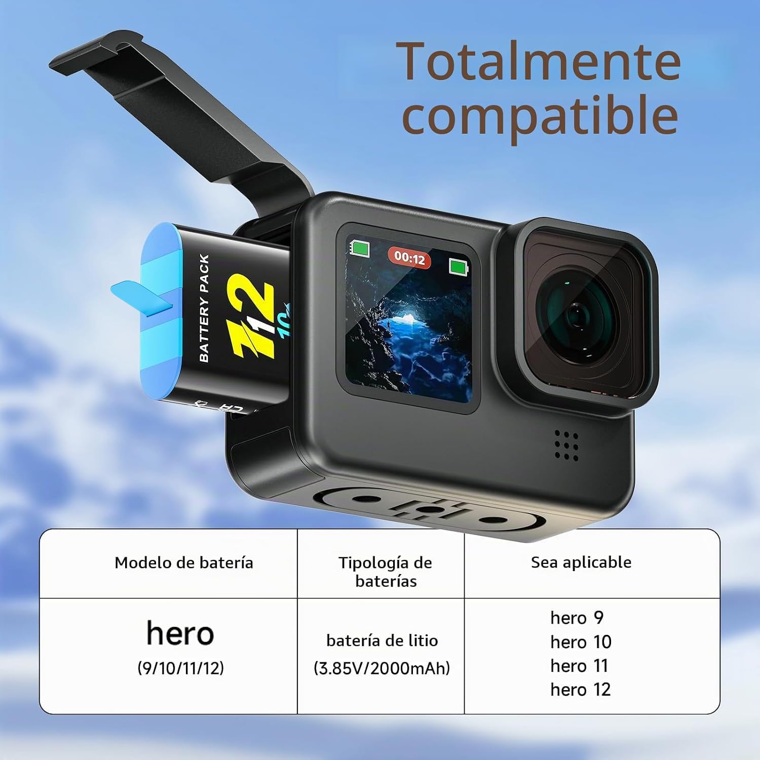 3Pcs 2000mAh Hero 12 Batteria per Hero 12/11/10/9 Black - 3.85V Ricaricabile compatibile con 12/11/10/9 Black