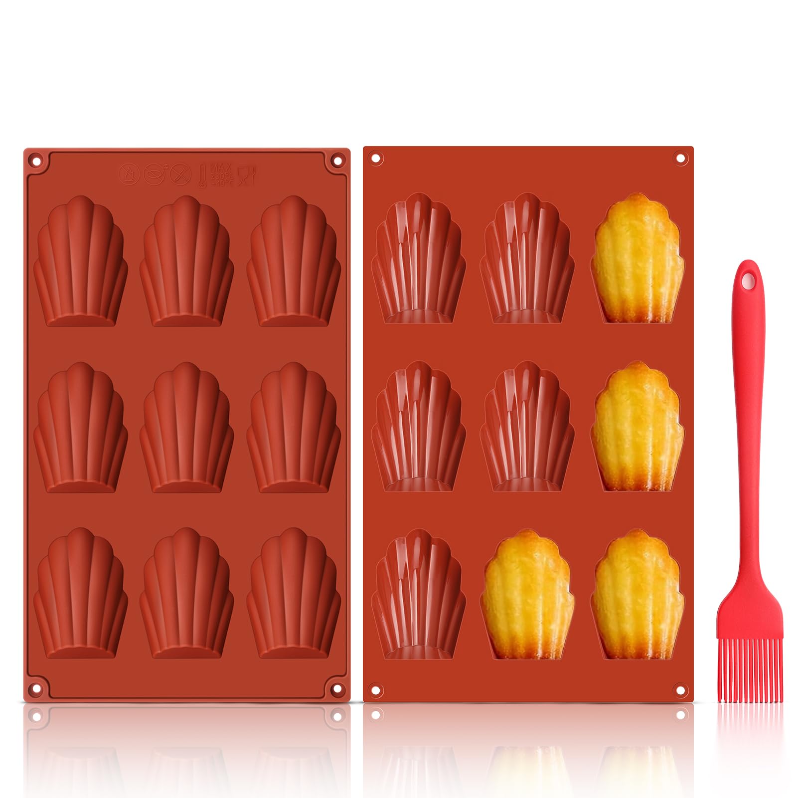 GlasFlength Madeleine silikonowe formy do pieczenia, 2 szt. Madeleines forma do pieczenia łap niedźwiedzia, 9 pustych przestrzeni z silikonowym pędzlem, wielokrotnego użytku, do ciast, czekolady