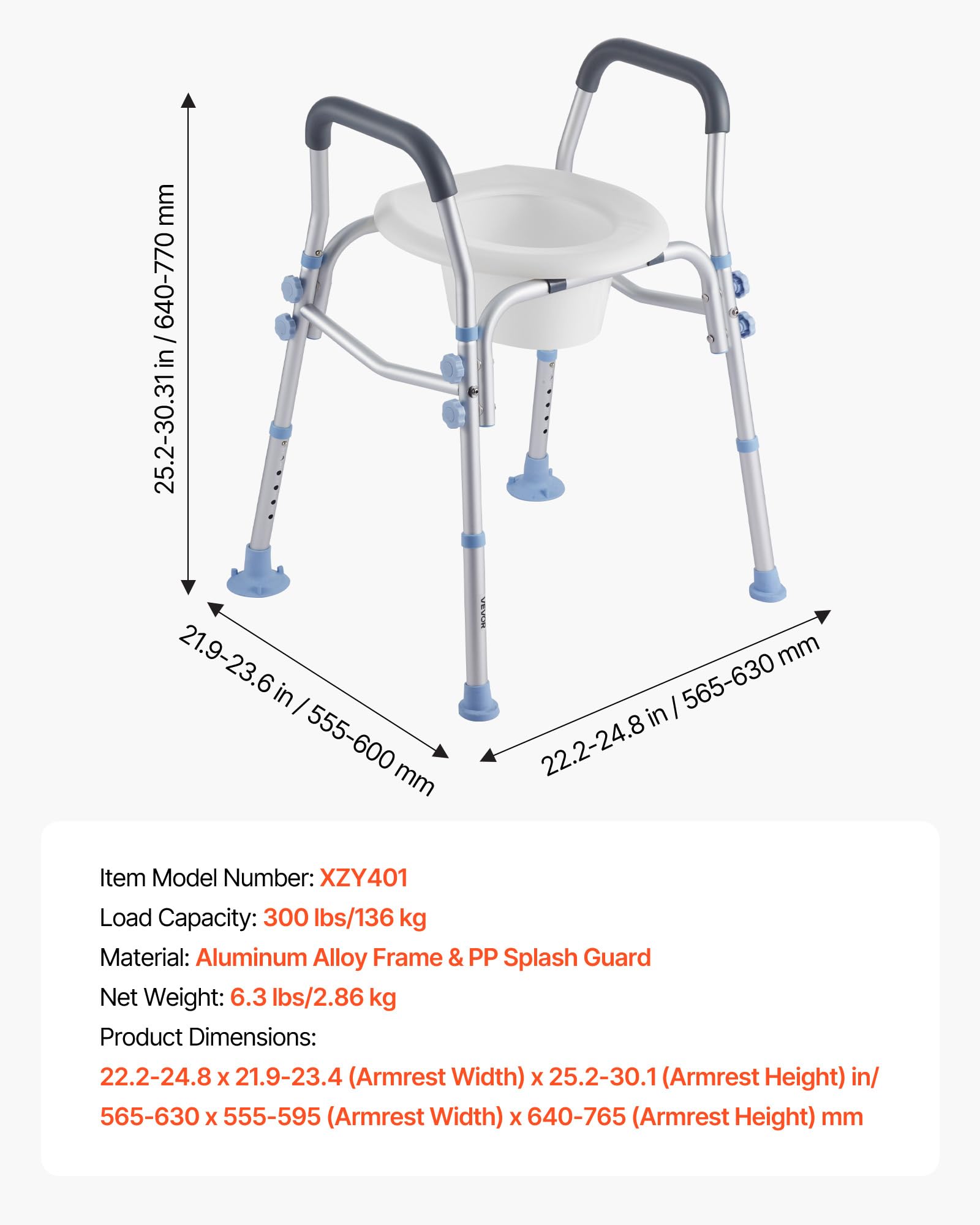 VEVOR Sedile WC Rialzato da Bagno con Braccioli e Capacità di Carico di 136 kg e 4 Gambe, Sedile WC Rialzato Universale Regolabile in Altezza con Paraspruzzi per Anziani, Donne Incinte