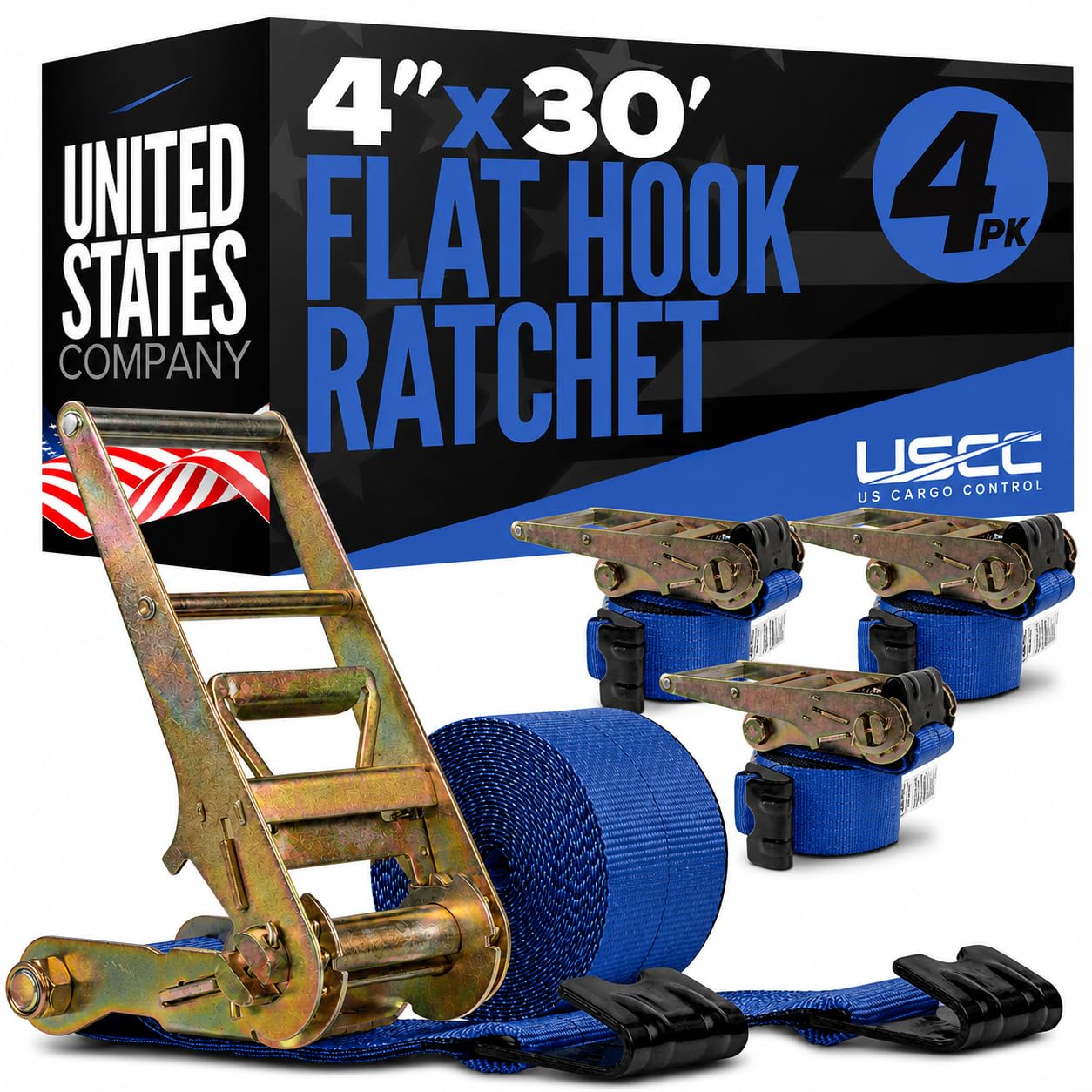 US Cargo Control Flat Hook Ratchet Straps 4” x 30’ (4-Pack), 5,400 LBS Working Load Limit, Blue 4 Inch Ratchet Straps with Black Flat Hooks, Professional 4 Inch Straps for Flatbed Trailers