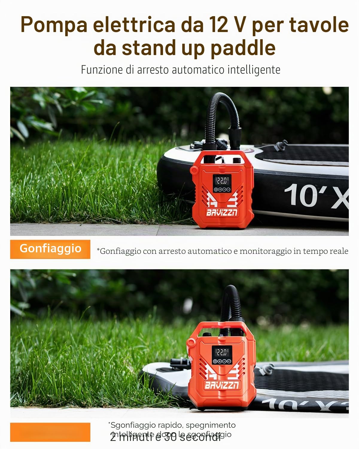 Pompa SUP 22 PSI 12 V CC | Pompa per Paddleboard, Doppio Stadio, Auto-off, adatta per gonfiaggio e sgonfiaggio di paddleboard, gommoni