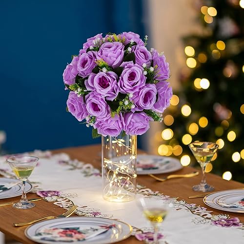Miniatura 20 de BLOSMON Centros de mesa de flores para mesas de boda: 10 piezas de rosas artificiales rojas carmesí decoración de bolas - 9.5 pulgadas de seda falsa