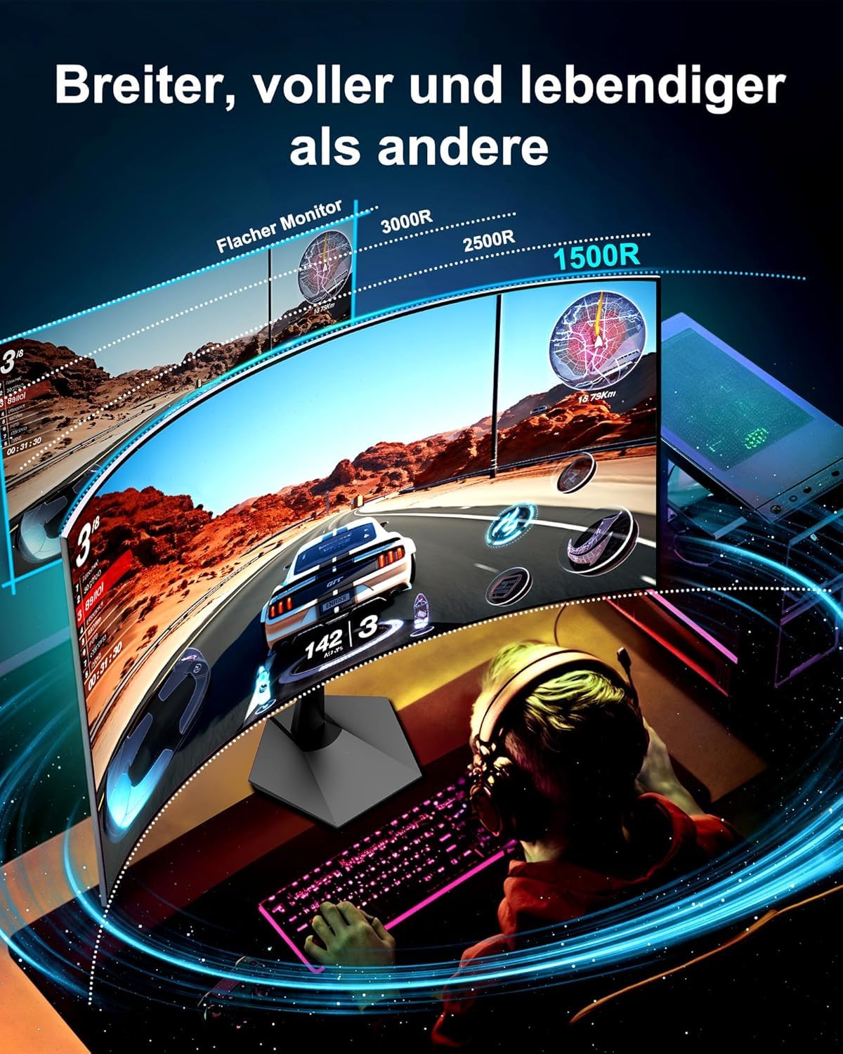 Minifire Monitor Curvo 24 Zoll 100Hz Type-C 2.5W Schermo PC con altoparlante - Pannello VA 1500R FHD (1920 x 1080p), MPRT 1ms, sRGB100%, meno luce blu, HDMI 1.4, supporto VESA 75 * 75 - Nero（MF24C1）