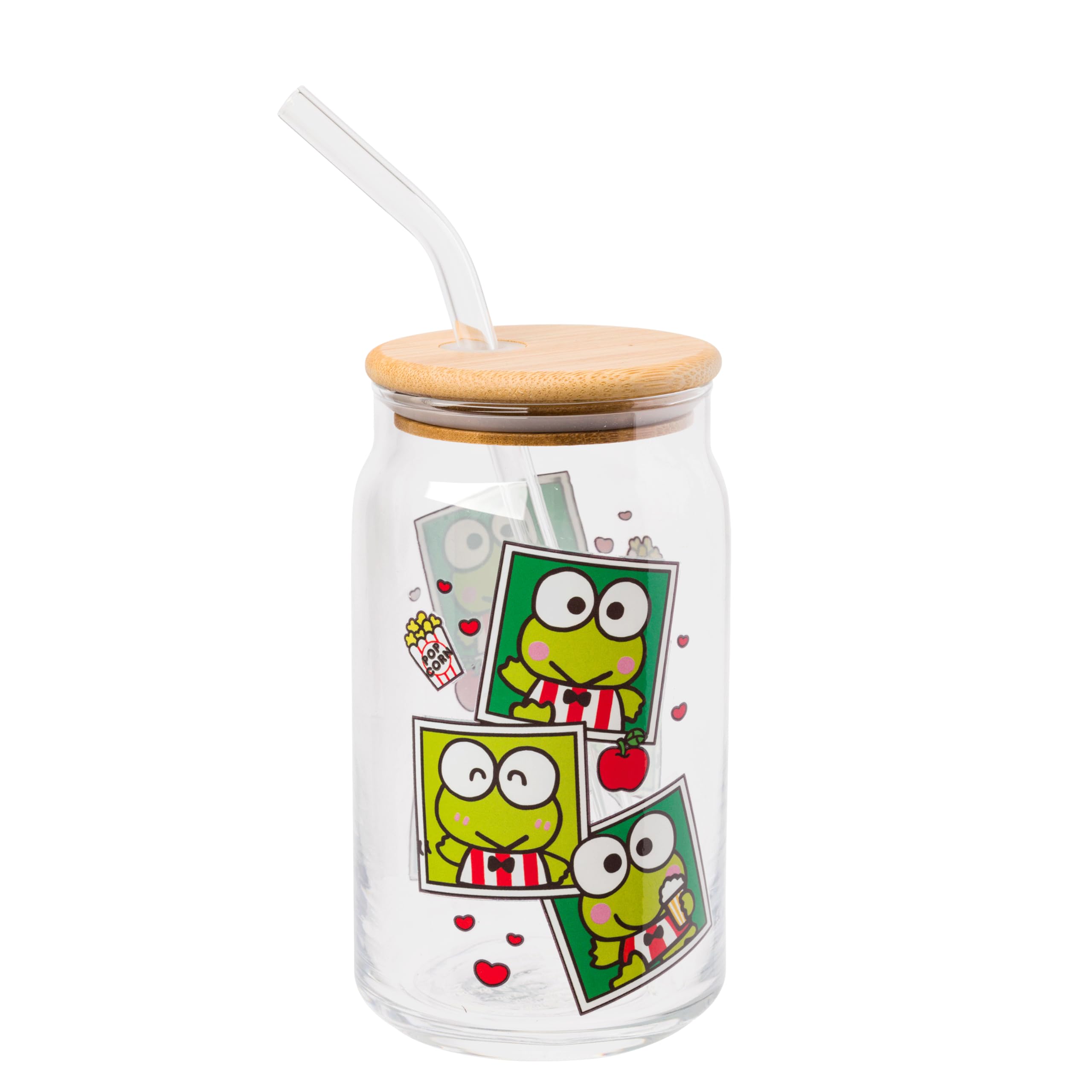 Silver Buffalo Sanrio Hello Kitty and Friends Keroppi Polaroids Glass Jar Tumbler with Bamboo Lid and Glass Straw, 16 Ounces