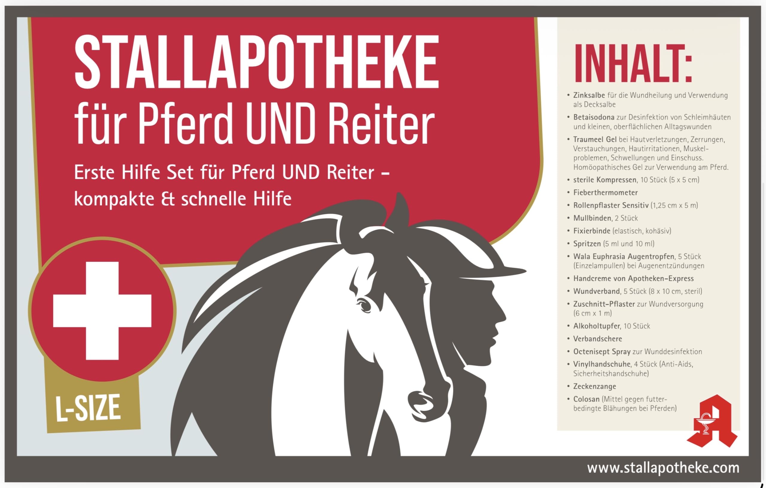 Stallapotheke für Pferd und Reiter - L-Size Stall Apotheke von Apotheken-Express 19 teiliges Set -erste Hilfe für Pferd und Reiter inkl. Colosan
