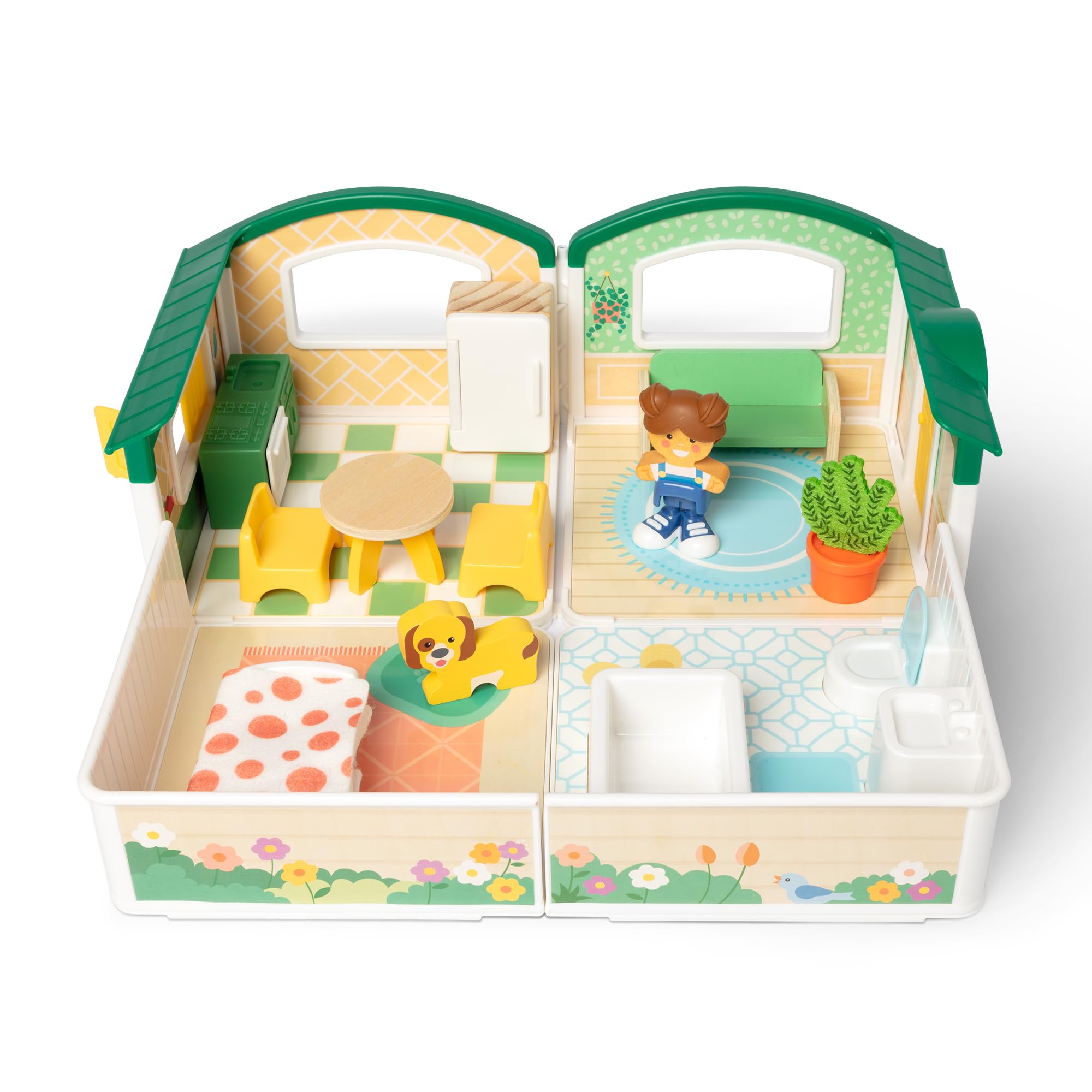 Cheery Lane Modular Play House & Figures, Wooden Play Set | 13 Pieces, Modular Fold-Out Rooms, Posable Girl Figure & Pup, Furniture, Portable Playset, Pretend Play Toddler Toys, Ages 2+