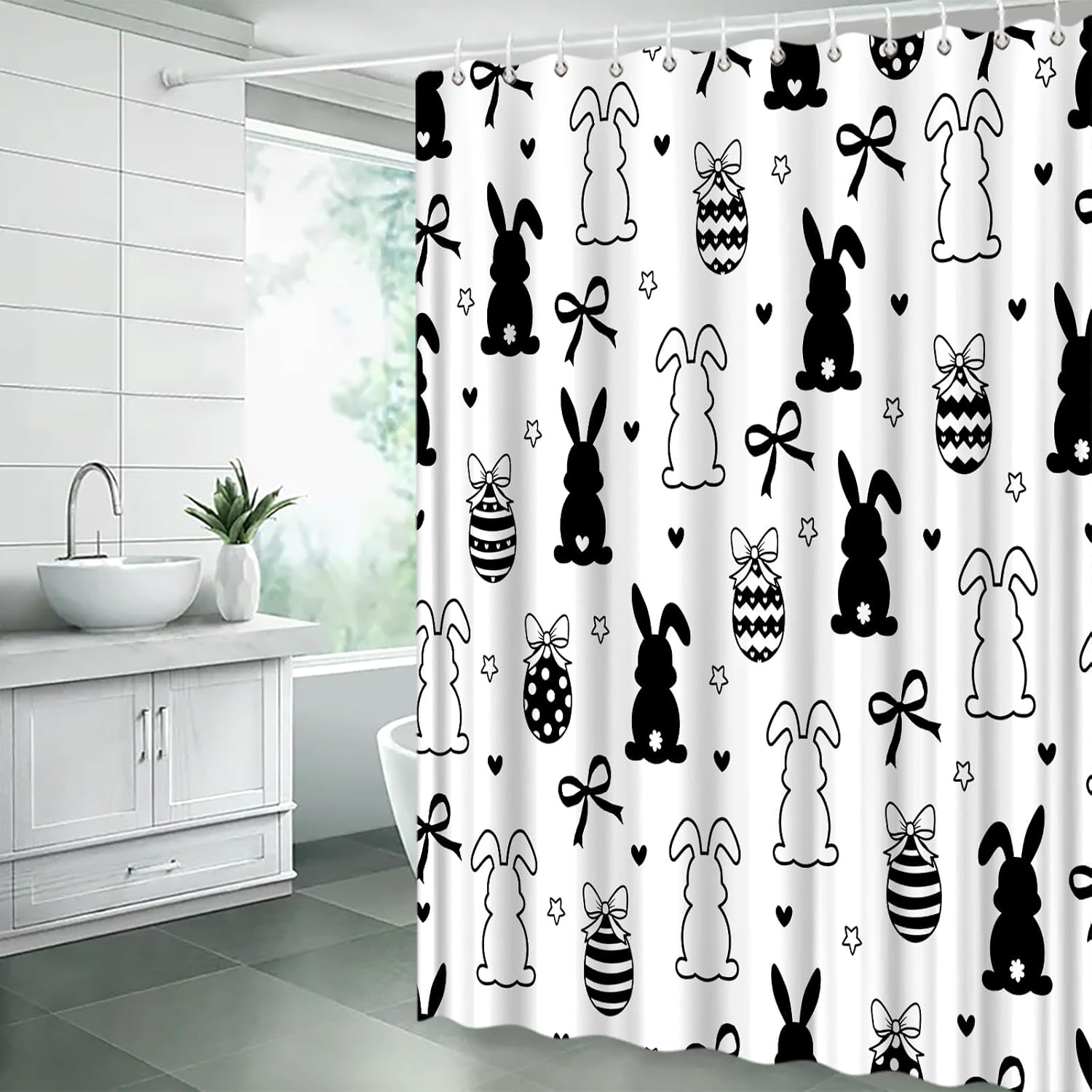 Easter Shower Curtain Black White Bunny with Bows Eggs Cute Rabbit Spring Fabric Bathroom Decor Sets with Hooks,71W x96H