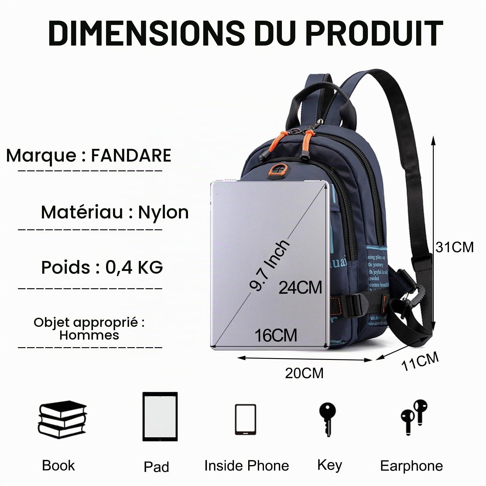 FANDARE Sac Poitrine Porté Travers Femme Homme - Sac D'école, D'épaule, De Randonnée, Bandoulière - Sacoche Voyage Avec Trou D'écouteur & Bandoulière Détachable - Bleu