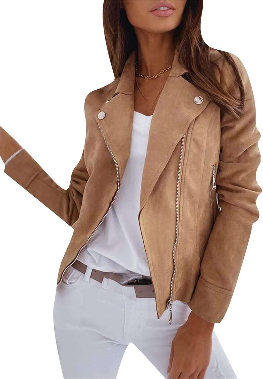 EFOFEI Zipper Coat Suede Jacket for Women Long Sleeve Cropped Coat Slim Fit Fashion Moto Biker Lapel Fall Winter Clothes