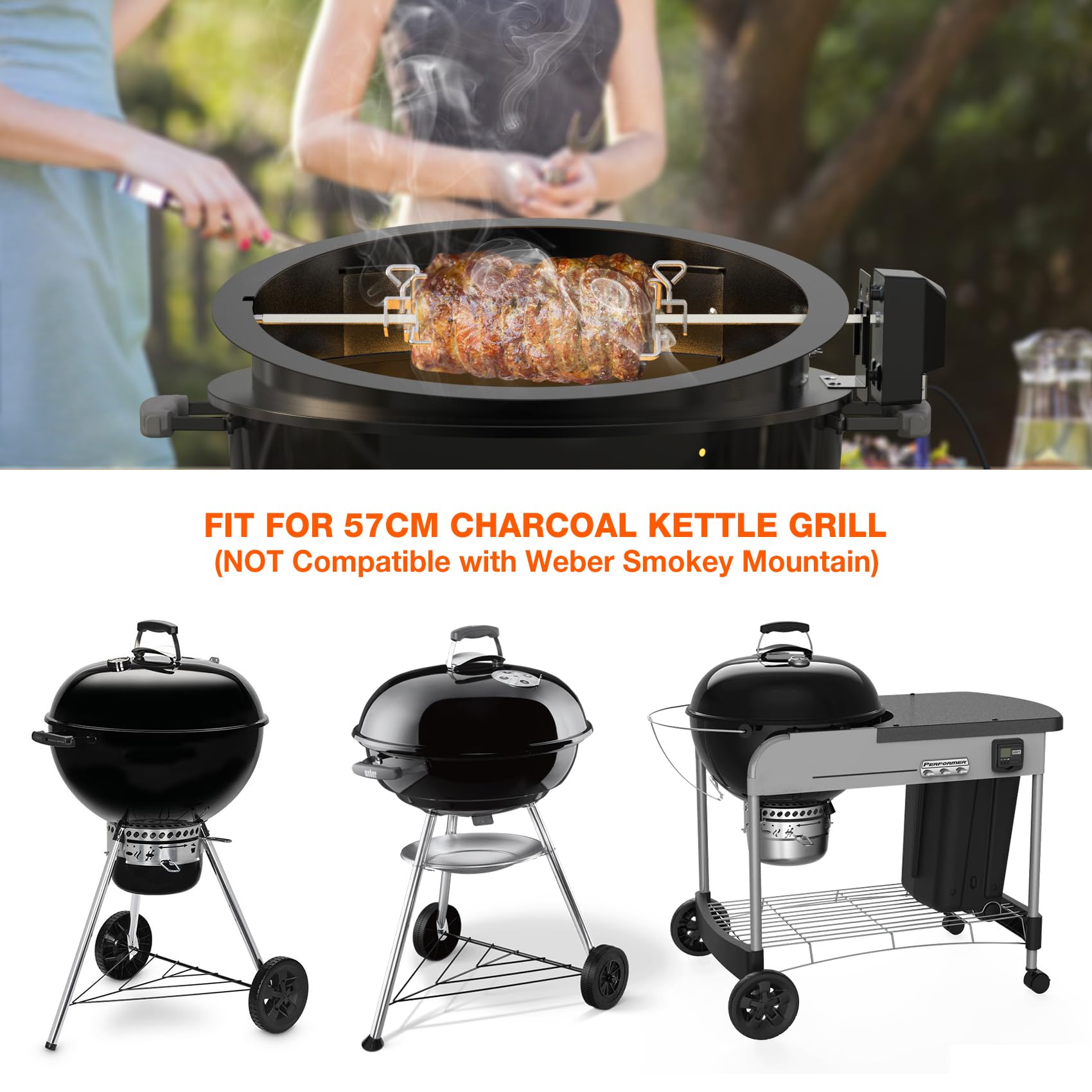 onlyfire PizzaRing Rotisserie Set für Weber 57 cm Kettle Holzkohlegrill, Grillspieß Set Drehspieß mit Motor, 38cm Pizzastein, Holzkohle-Ring, Pizzaeinsatz
