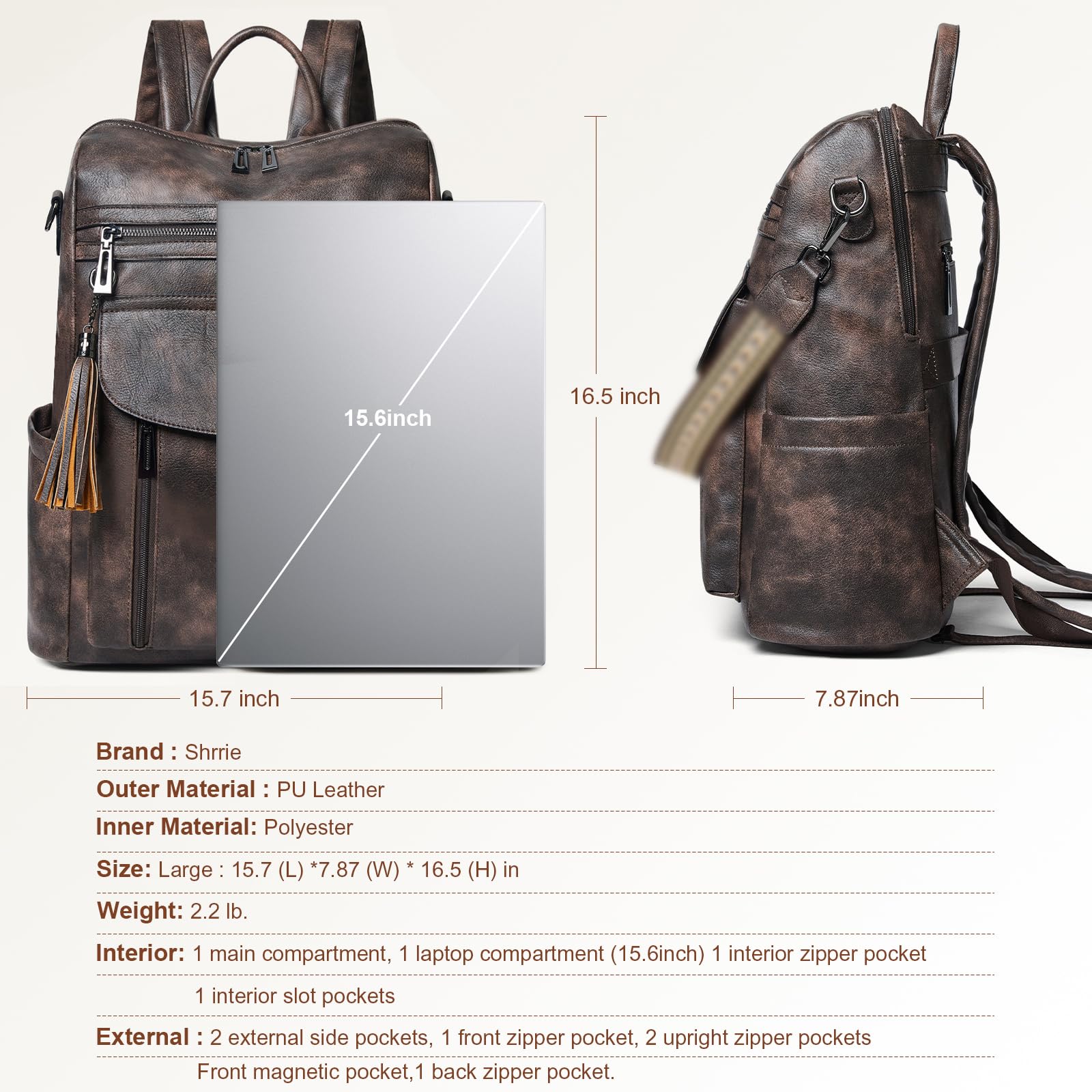 Shrrie Laptop-Rucksack für Damen, 15,6 Zoll Reise-Rucksack aus Leder, Handgepäck-Rucksack Computertasche wasserabweisend für College Business Arbeit Freizeit Tagesrucksack