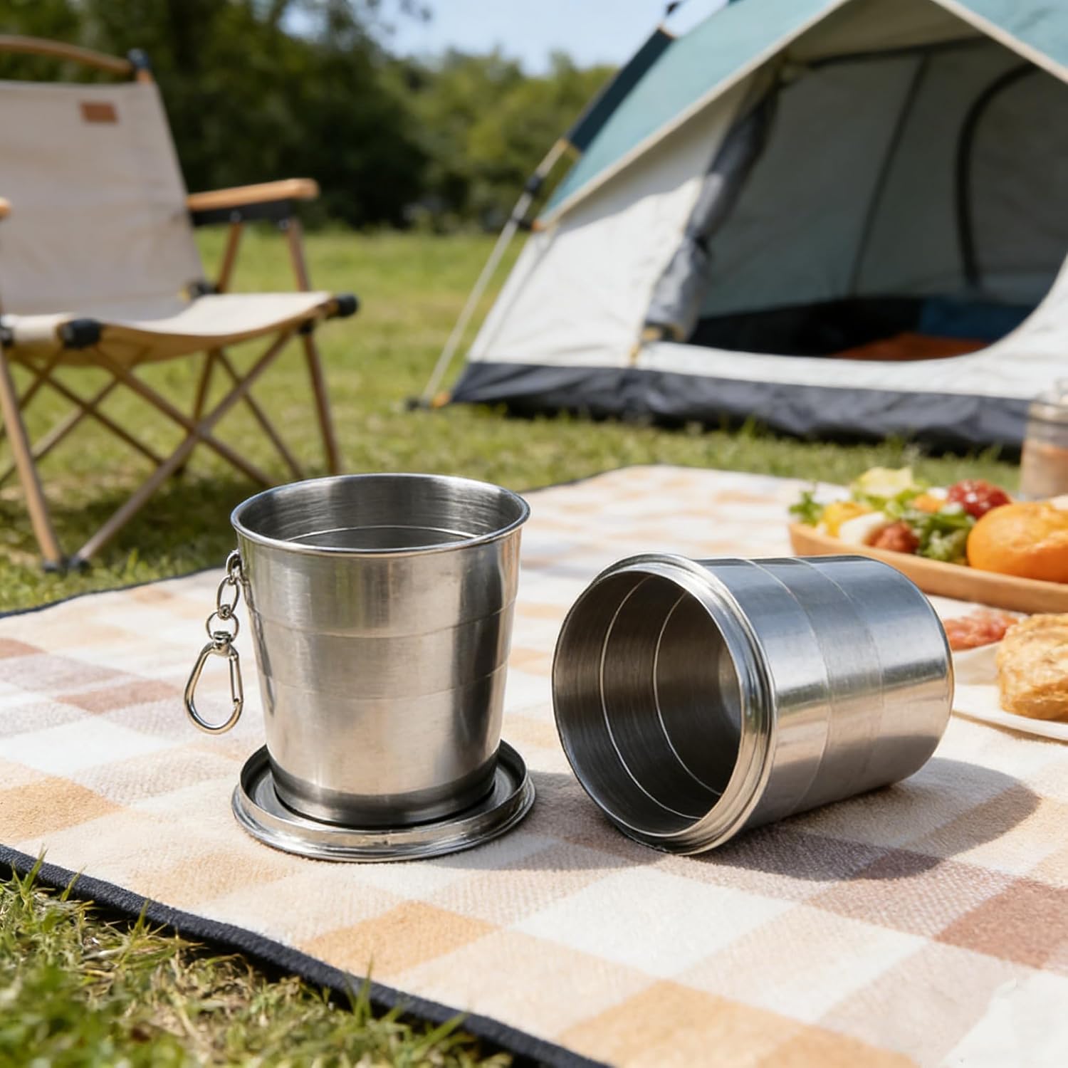 250ml Collapsible Cup, Portable Mini Size Lightweight Stainless Steel Foldable Traveling with Key Chain for Hiking, Pinic, Fishing(4-folding, 250ml)