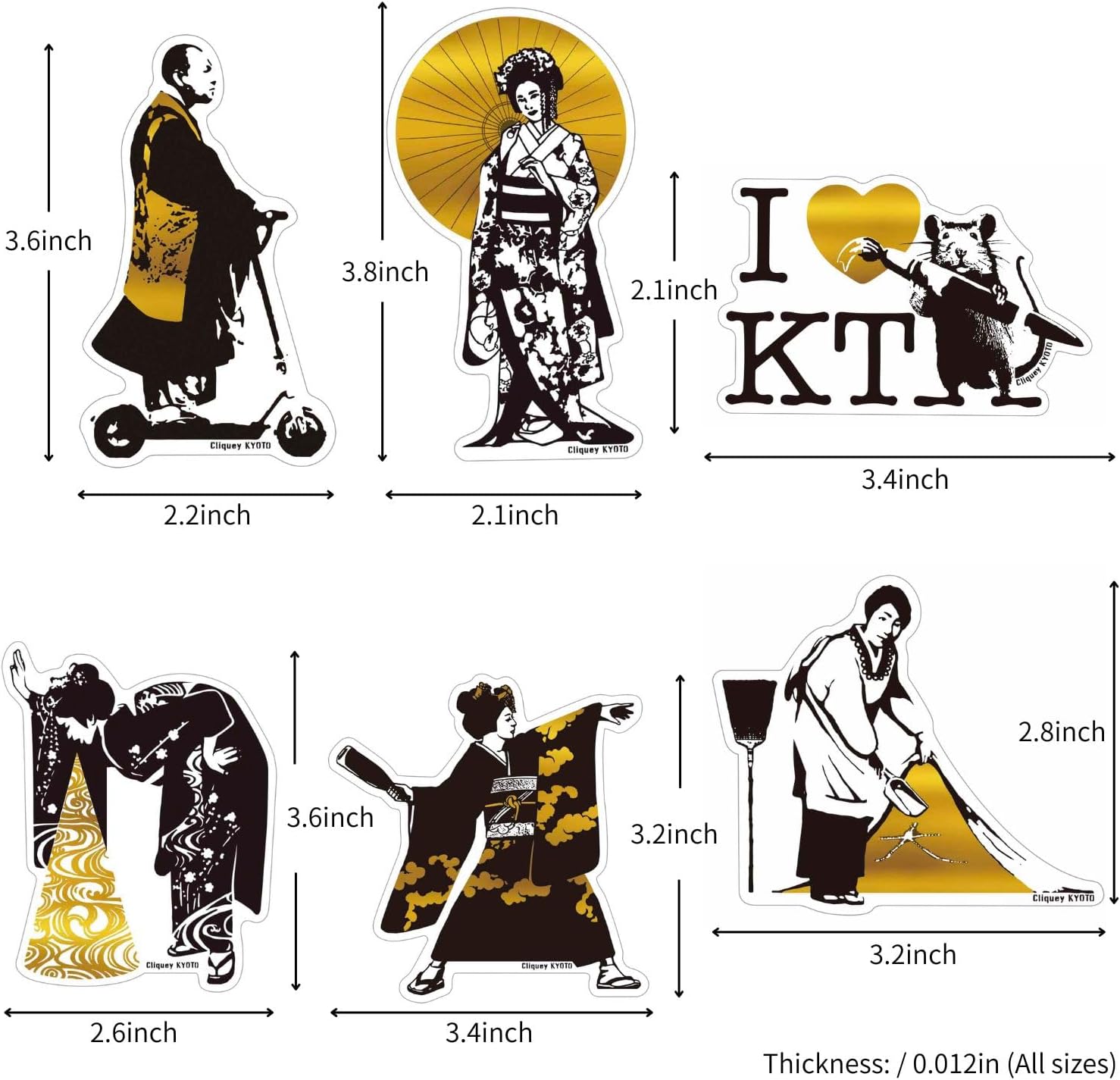 Cliquey Kyoto Japanese Stickers - 6pcs Set of Sarcastic & Traditional Art, Die-Cut Vinyl Decals for Laptop, Water Bottles & Journals, Made in Japan, Web-CK-DS-A