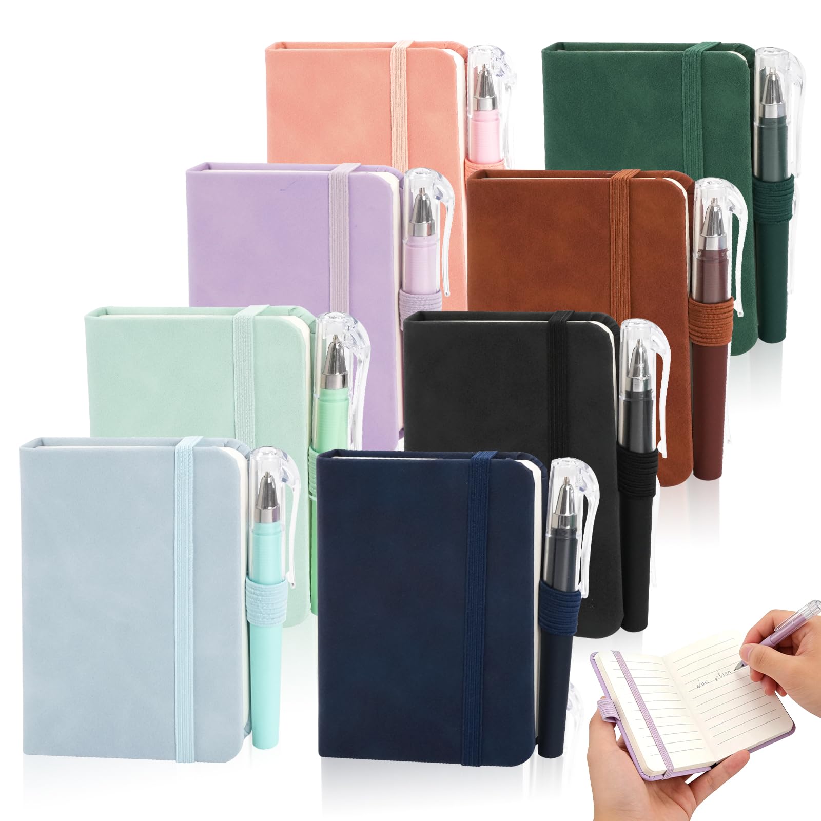 Mulaibdin 8 Pcs Small Notebooks Pocket Size, A7 Notebook with Pen, Pocket Notepad Mini Hardback, Portable Small Notepads with Pen Holder & Elastic for School,Office,Memos,Diary,Field Notes(200 Pages)