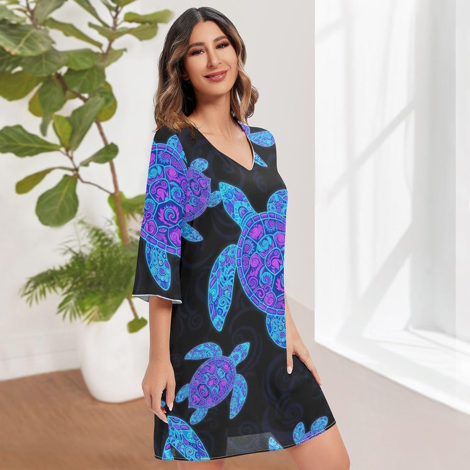 Neon Sea Turtles Black Casual Chiffon Dress 3/4 Sleeve Maternity Dress Party