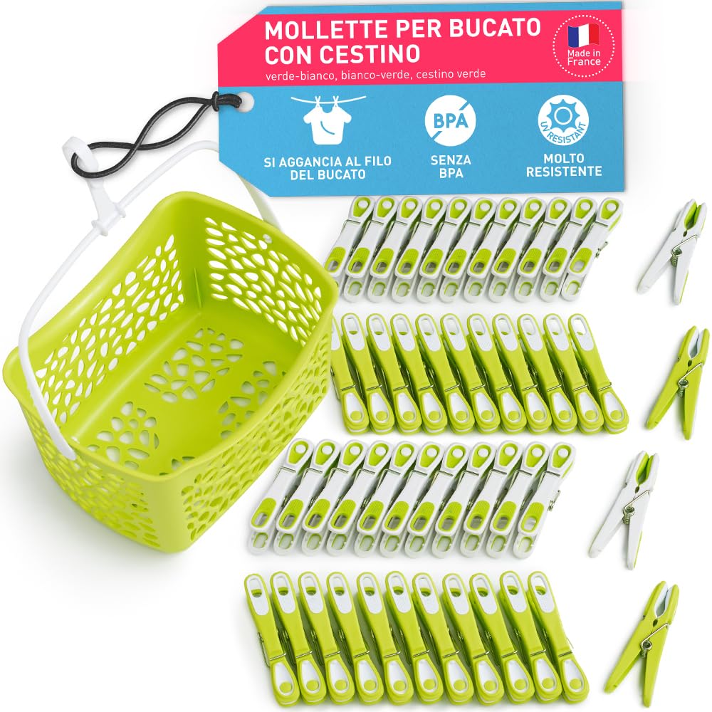 culiclean Cestino per Mollette da Bucato con 48 Mollette – Porta Mollette da Esterno – Mollette Bucato Antisegno e Resistenti – verde-bianco, cestino verde