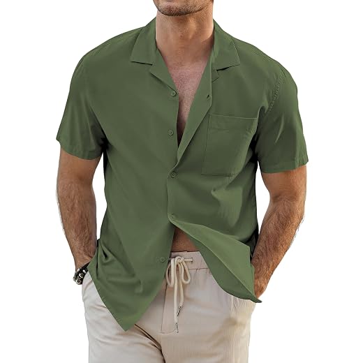 JMIERR Men's Short Sleeve Button Down Lyocell Shirts Casual Summer Beach Cuban Collar Wedding Shirt with Pockets