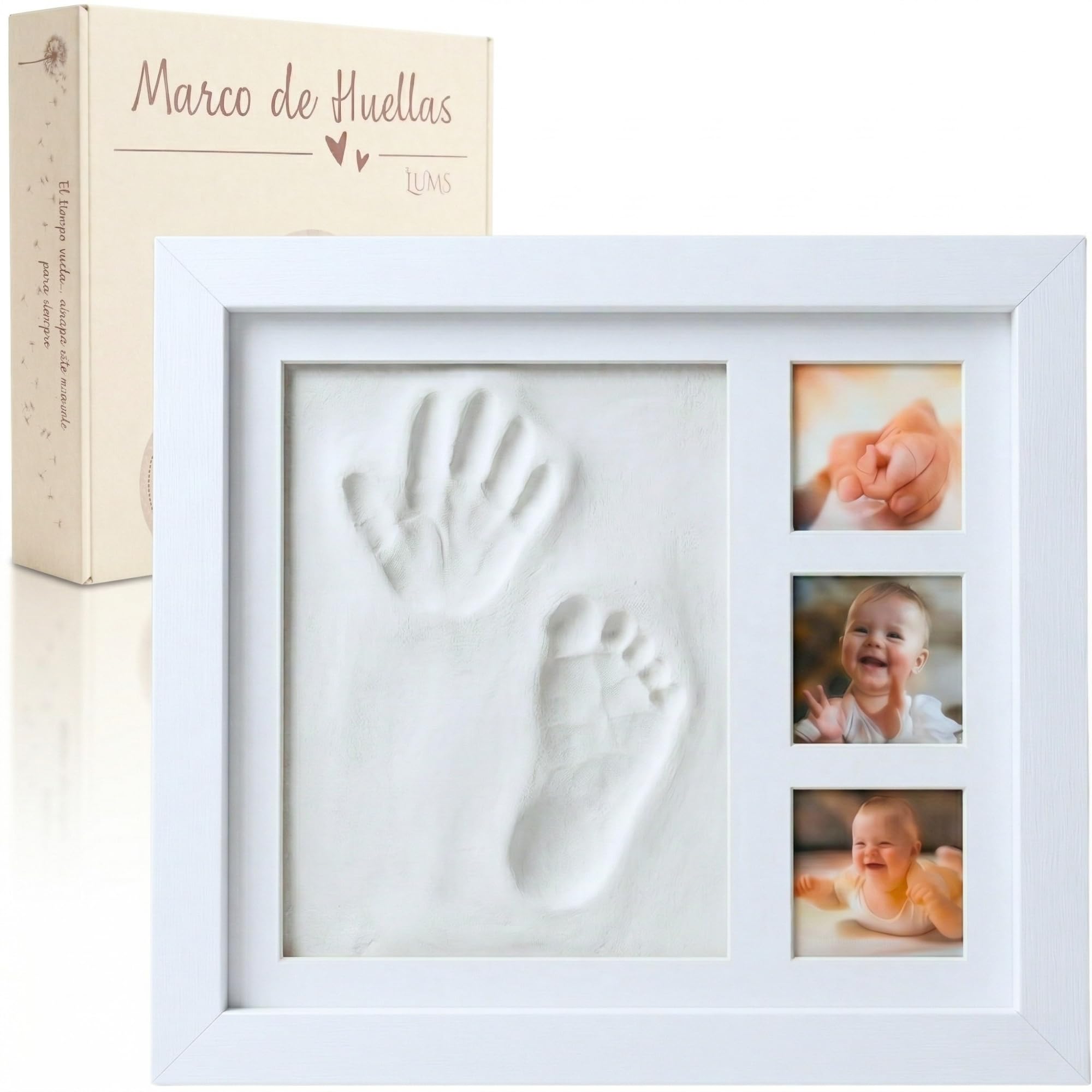 LUMS Marco Huellas Bebé Recién Nacido - Kit de Huella con Arcilla Flexible que No se Agrieta - Madera Blanca de excelente acabado, Regalo Bebé Recién Nacido Original