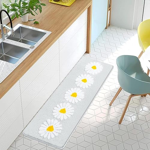 Miniatura 9 de Alfombra de pasillo de baño, bonita alfombra de baño larga con margaritas, alfombra de baño bohemia con flores grises y amarillas, extra suave,