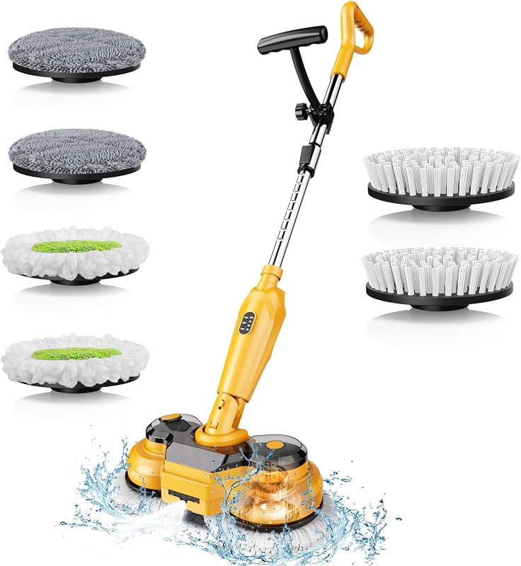 Cordless Electric Mop for Dewalt 20V Battery (NO Battery), 2 in 1 Spin Mop & Electric Floor Scrubber Machine with LED Light & Water Spray, 800 RPM Rotating Electric Mops for Floor (Yellow)