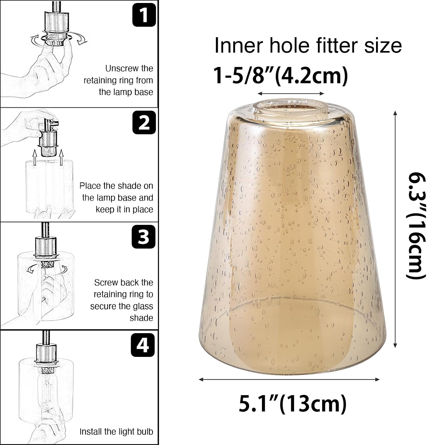 3 Pack Glass Lamp Shade for Lighting Fixture, 6.3" Tall, Amber Seeded Effect Bubble Glass Shade Replacement Globe for Chandelier Pendant Light Wall Sconce, 1-5/8 Inch Fitter
