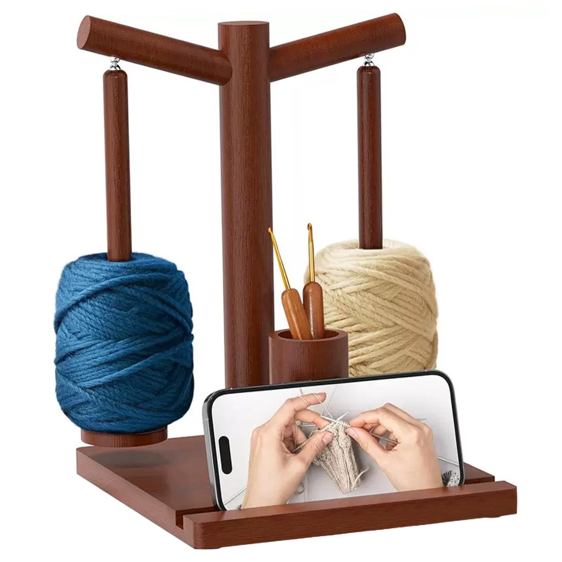 Dévidoir fileur de fil en bois noble double broche et porte-accessoires crochet