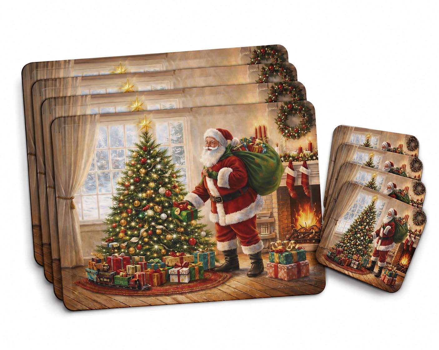 Christmas Santa Cork Backed Placemats and Coasters Set of 4 | Heat Resistant & Wipe Clean Table Mats | Festive Dining Mats | Placemats 29 x 21.5cm & Coasters 10.5 x 10.5cm — image 1