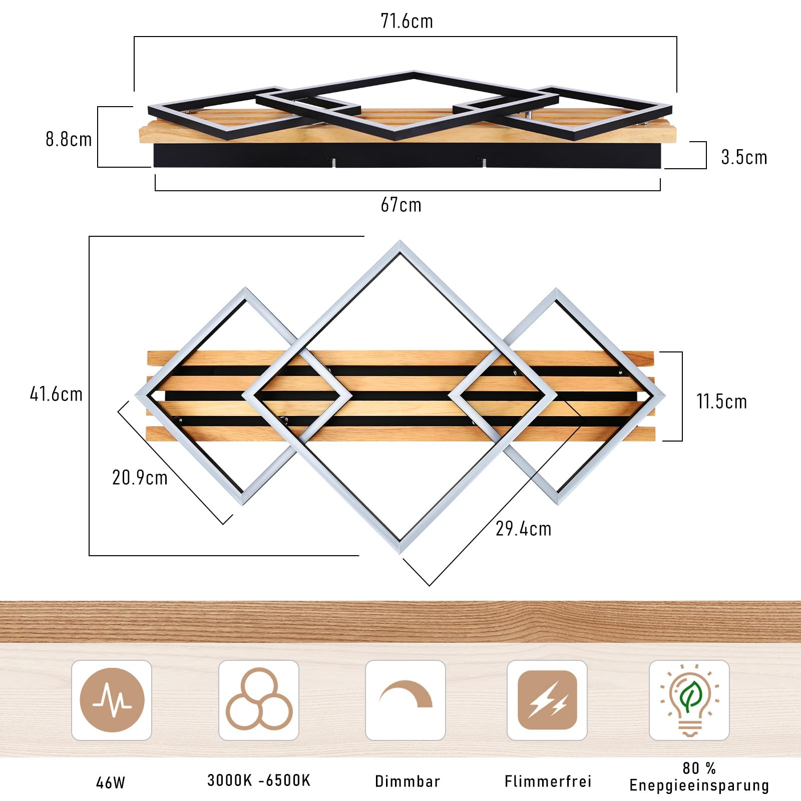 GBLY LED Deckenleuchte Holz 70cm Deckenlampe Dimmbar Wohnzimmerlampe | Modern Schlafzimmerlampe 46W Schwarz eckig küchenlampe fur wohnzimmer schlafzimmer Küchen Flur Büro Lampe, Memory-Funktion