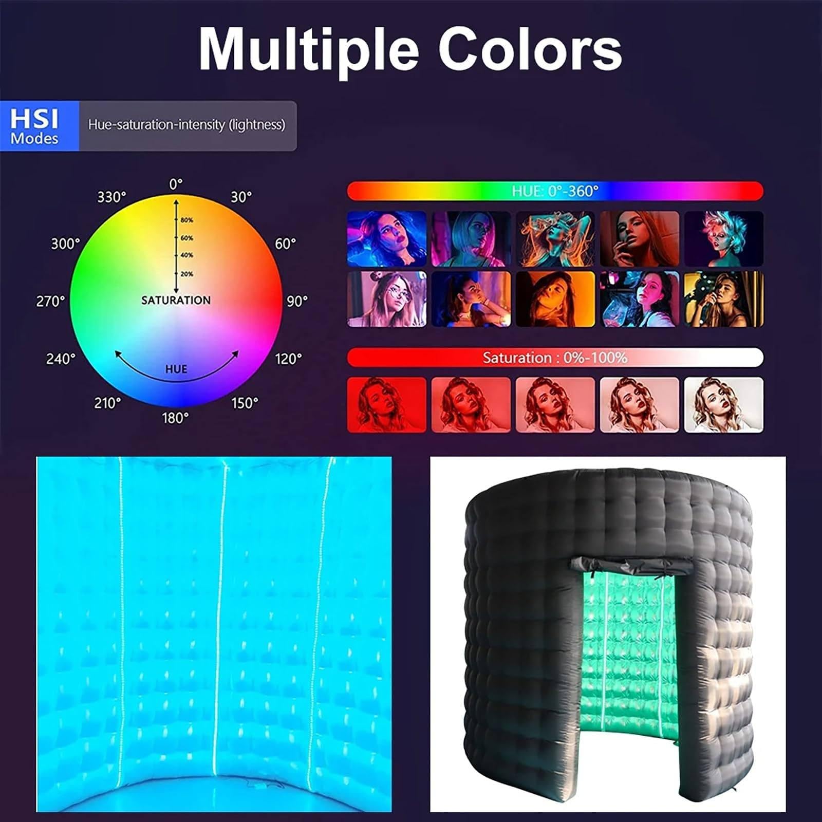 Nadmuchiwana obudowa do fotobudki z oświetleniem LED RGB, szerokość 3 m, zawiera 3 drzwi, zasłonę i dmuchawę powietrza na wesela i imprezy