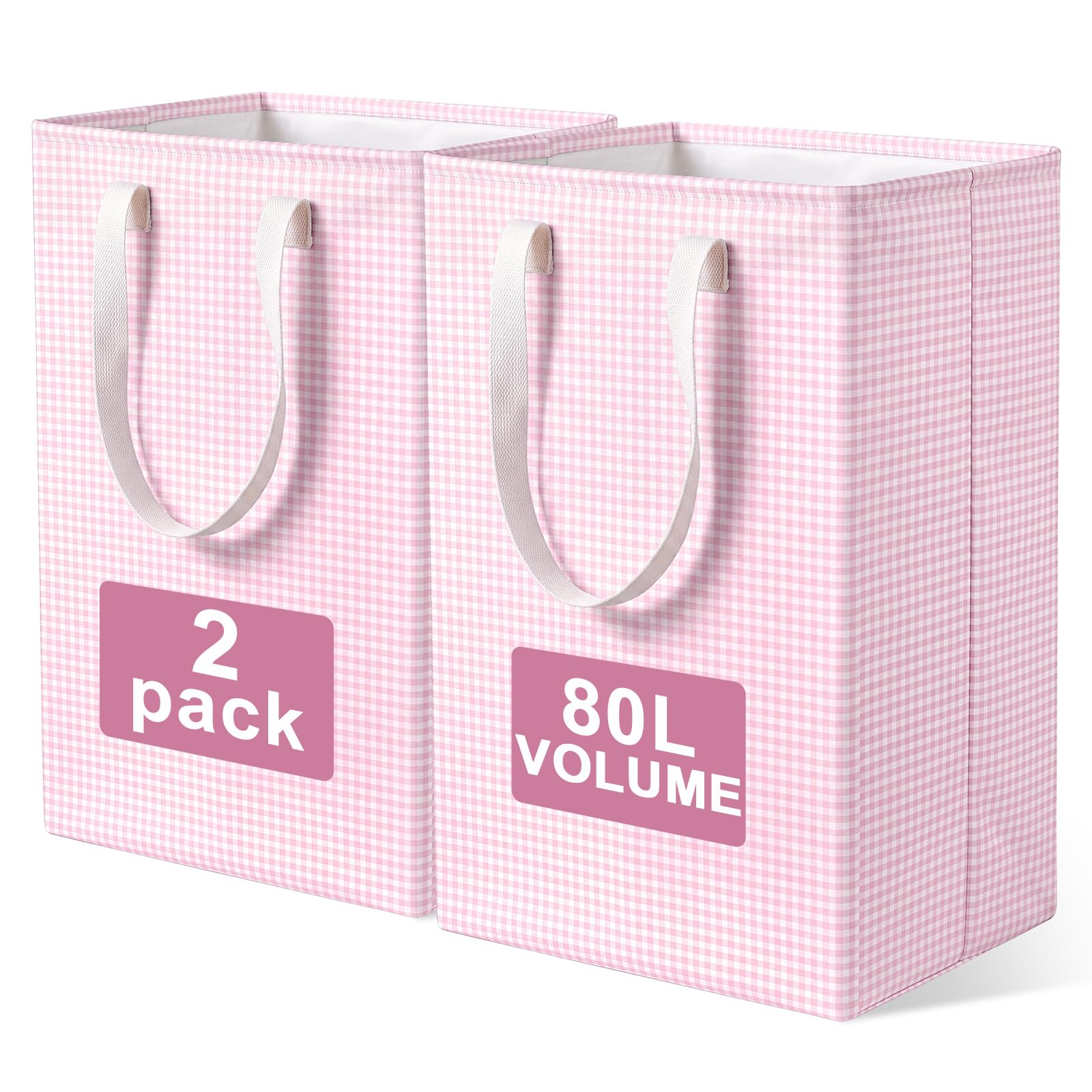 2 Pack Pink Gingham Laundry Baskets, 80L Each Collapsible Laundry Hamper