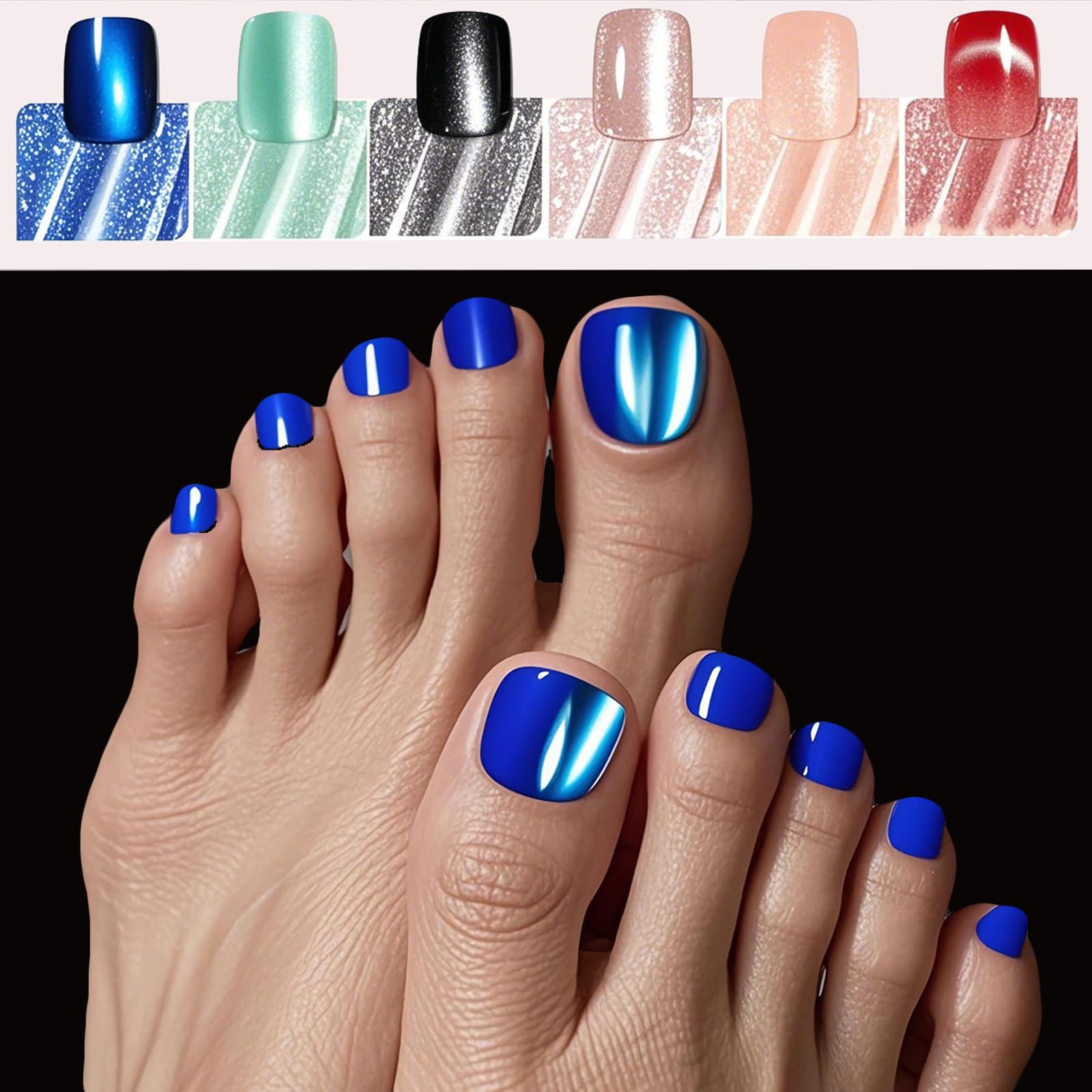 BABALAL 144PCS Press on Toenails Short Square Fake Toe Nails Glitter Shiny False Toenails Pink Nude Black Blue Red Green Galaxy Cat Eye Glossy Full Cover Acrylic Toenails Bling Toe Nails for Women