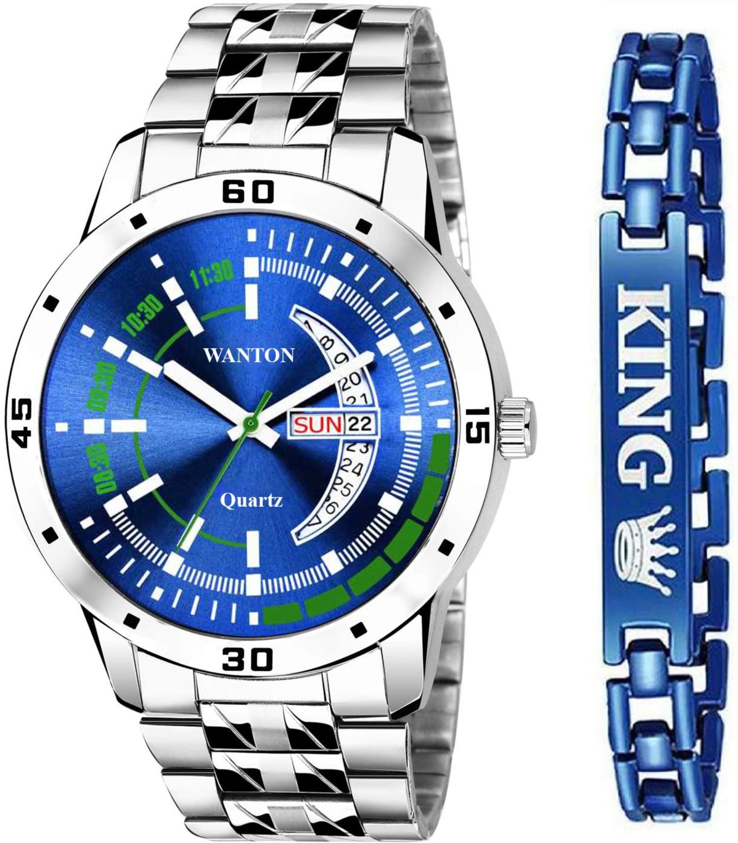 WANTON Blue color working day and date steel quality watch with king attractive bracelet -(PO2).(P_C_B_9067) (Silver) (B0C1ZTH2RY) Amazon Price History, Amazon Price Tracker
