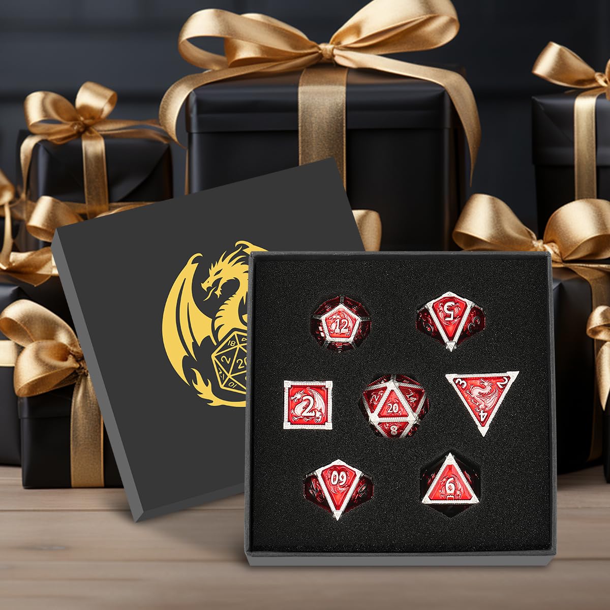 Set di Dadi in Metallo D&D, Modello Drago, 7 pezzi Dadi Poliedrici in Metallo, Accessori per Giochi di Ruolo, Giochi da Tavolo, Regali DND con Scatola Regalo, D20, D12, 2 D10 (00-90 e 0-9), D8, D6, D4