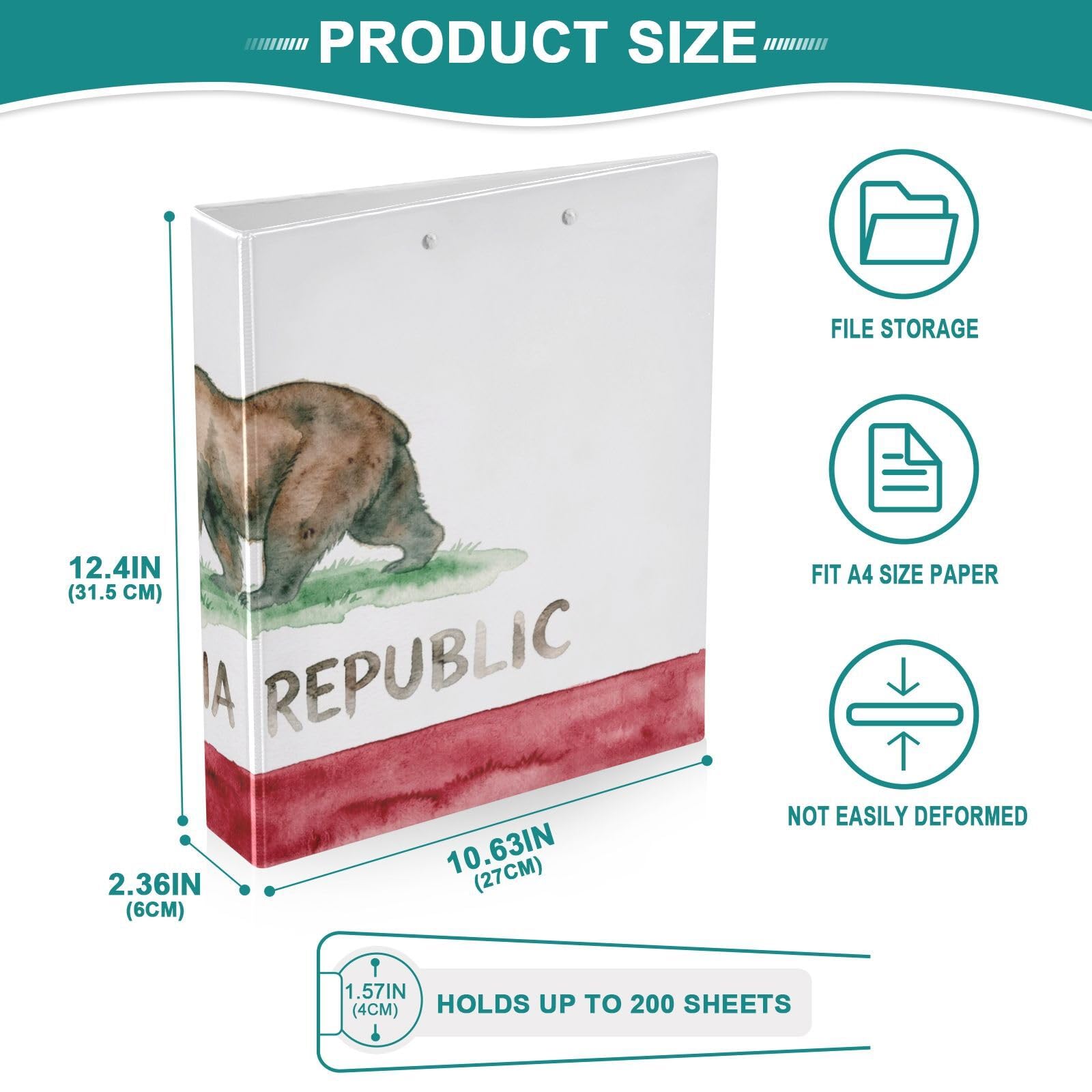 Peystean - Raccoglitore ad anelli rotondo a D da 3,8 cm, con portablocco integrato, copertina rigida stampata su un lato, confezione da 2 pezzi, bandiera della California