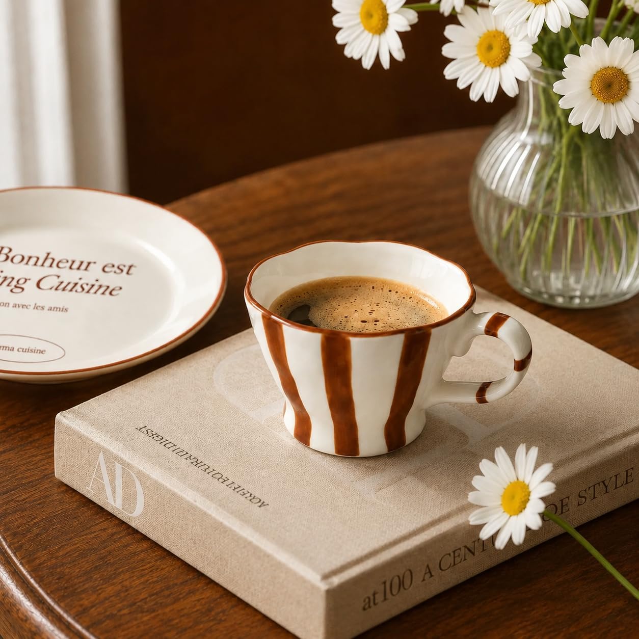 Hand-Painted Stripe Ceramic Coffee Mug – Set of 2 Microwave & Dishwasher Safe, Ergonomic Handle, Perfect for Coffee, Tea, or Hot Chocolate, 8oz Coffee Mugs Gift Set for Home & Office (Green&Brown)