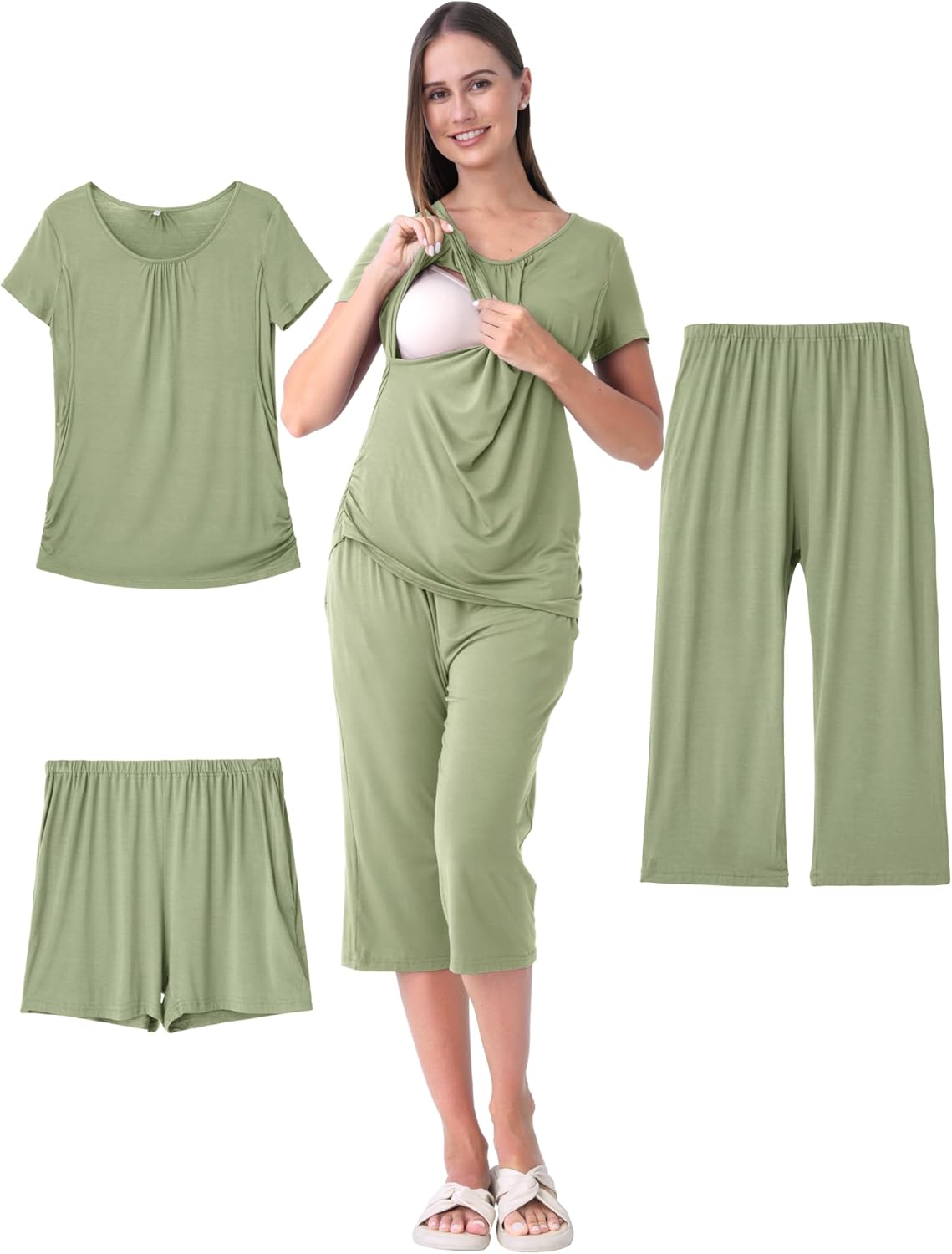 Shangood 3 Piece Nursing Pajamas Set for Women Breastfeeding Shirts Pjs Postpartum Shorts&Capri Pants Pockets