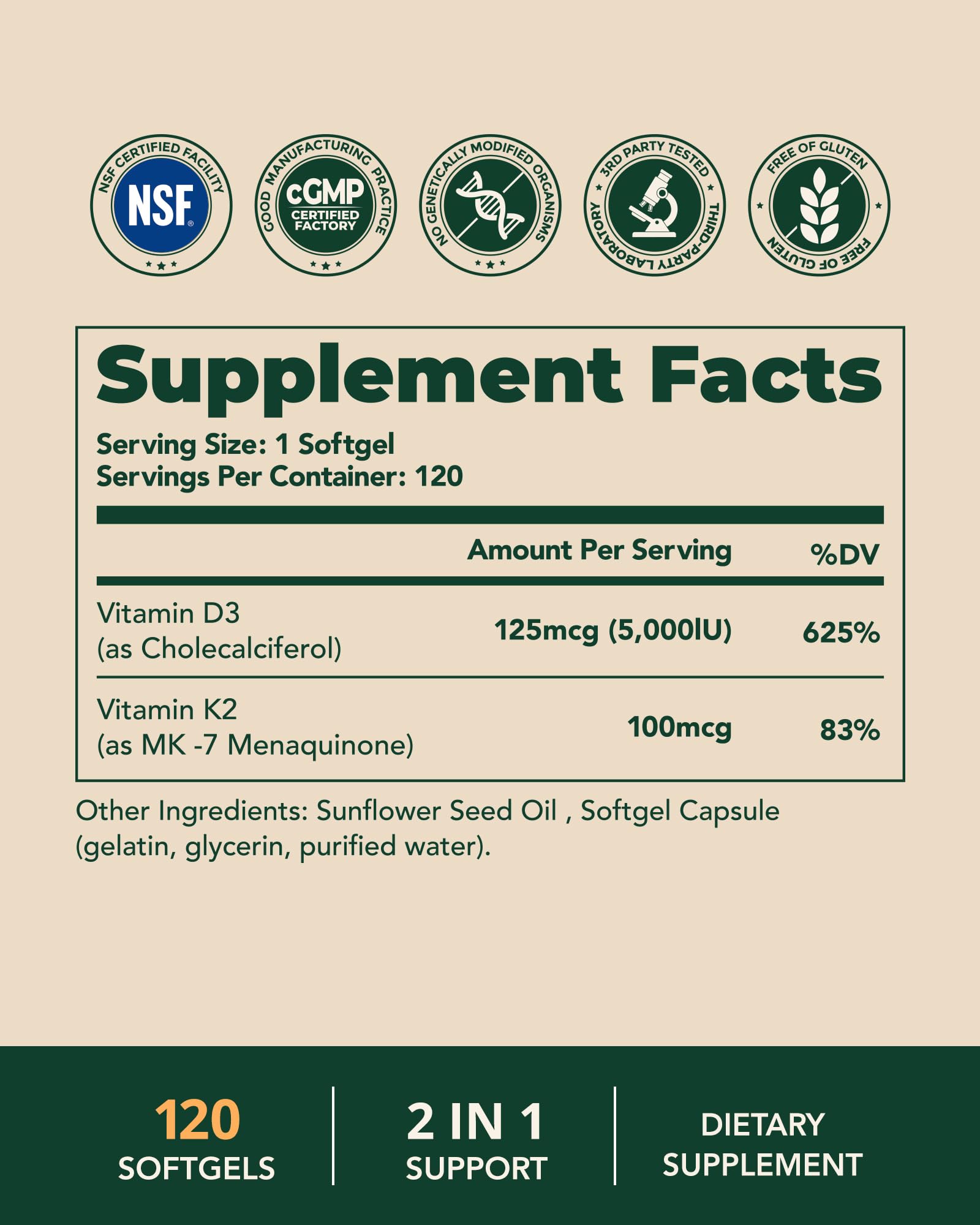 BienRaíz Vitamin D3 K2 5000IU, All-Trans MK-7 100mcg, 120 Softgels — Amazon image 9