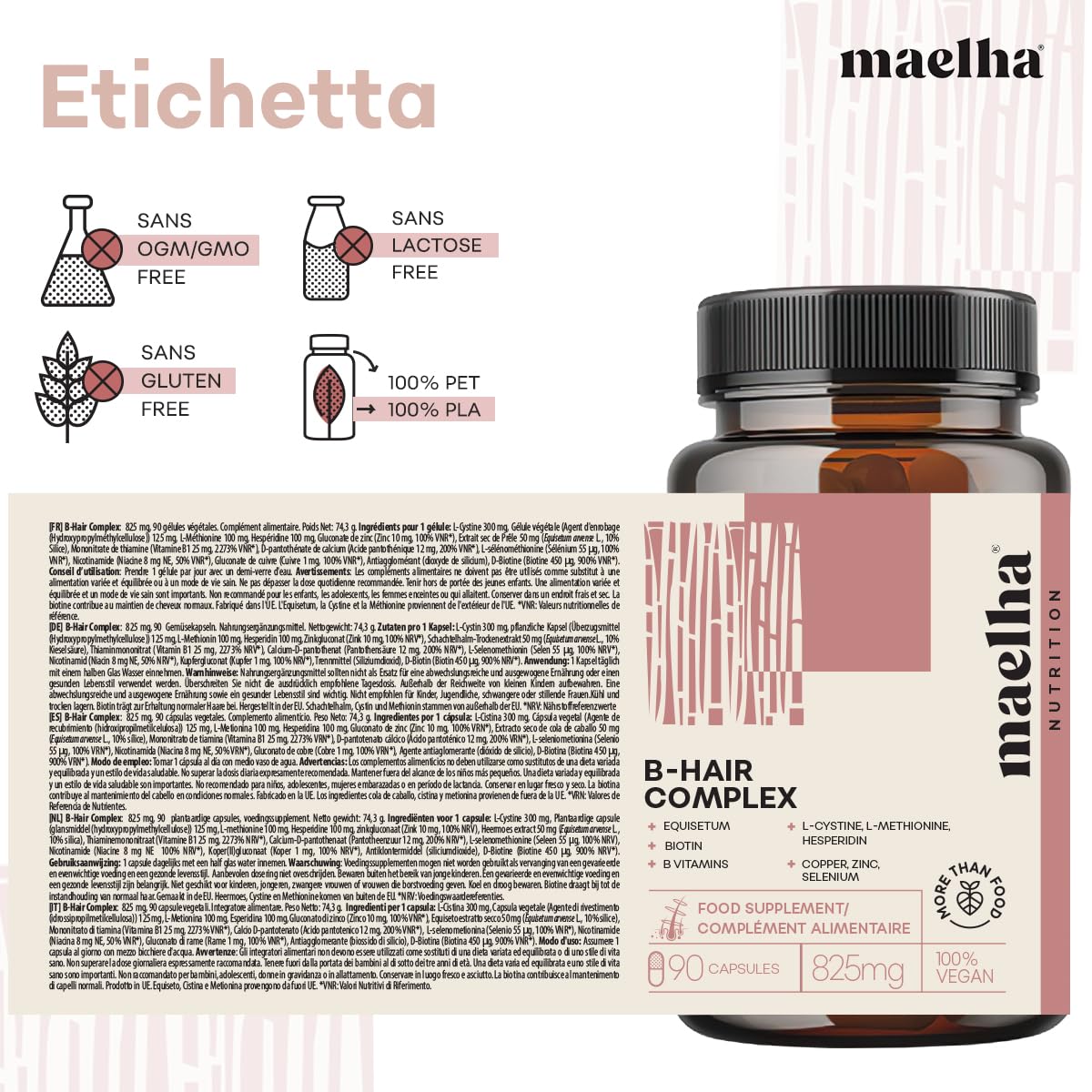 B-Hair Complex | Integratore Capelli e Unghie | Biotina Complex con L-cistina, Equiseto e Vitamina B | Integratore Capelli Uomo e Donna | 90 capsule | 100% Vegano