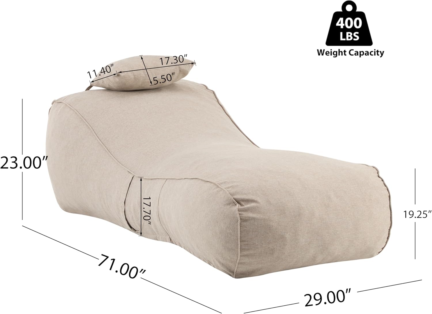Merax Outdoor Bean Bag Chairs with Headrest Set of 2, 71" Lounger Chair for Adults Bean Bag Bed with Foam Filled for Patio Pool Balcony & Desk, Beige Fabric Outside Beanbag Chair, Beige
