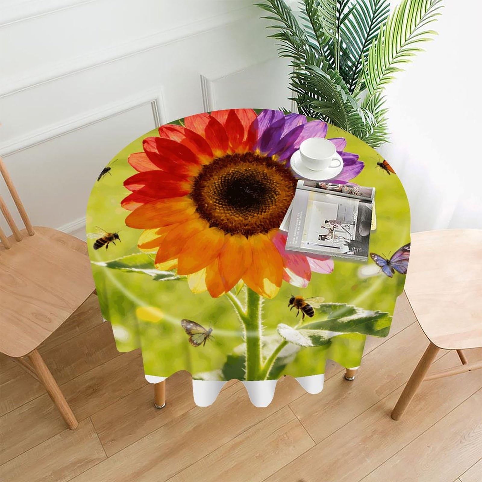 LZQPOEAS Colorful Sunflower Tablecloth Easy to Clean Polyester Round Table Cover Washable Round Table Cloth Wrinkle-Free Circle Decoration Tablecloth for Kitchen and Dining Room 60"