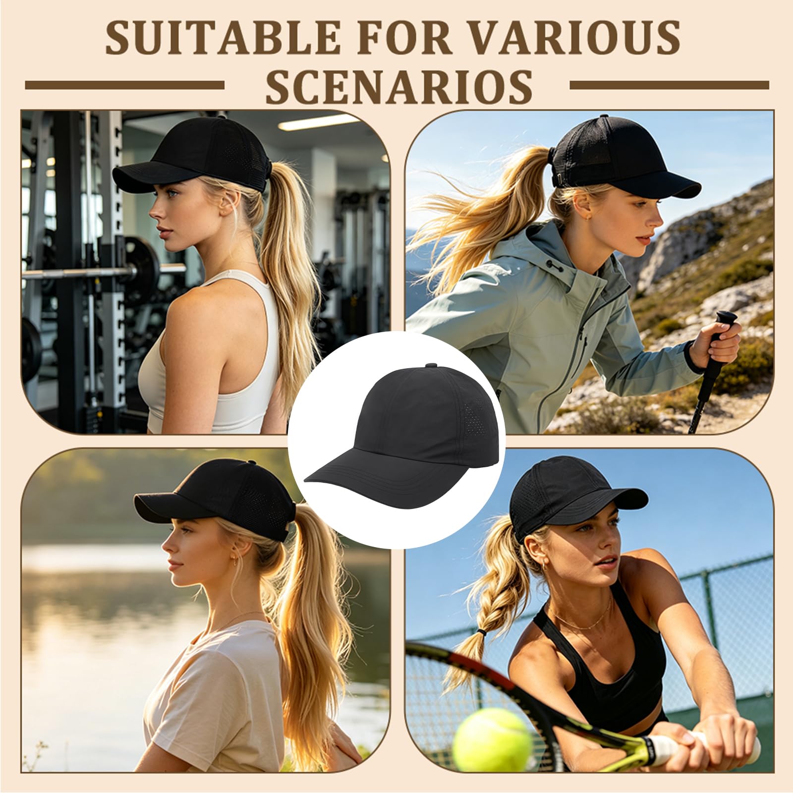 6 gorras de béisbol de malla para mujer con tiras cruzadas para cola de caballo